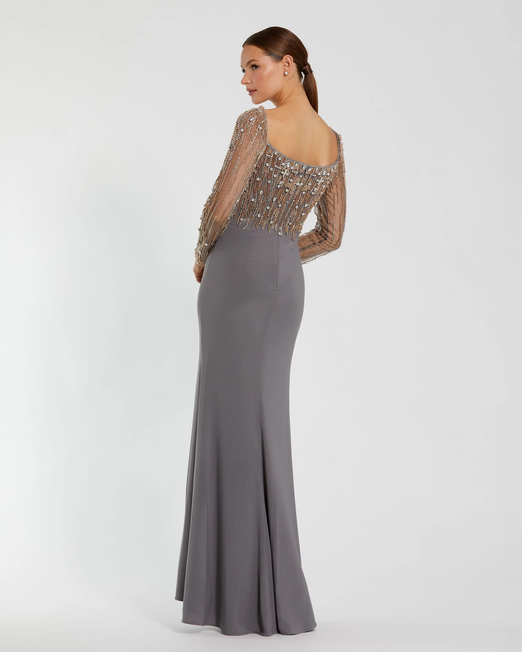Gray Beaded Square Neck Long Sleeve Jersey Gown
