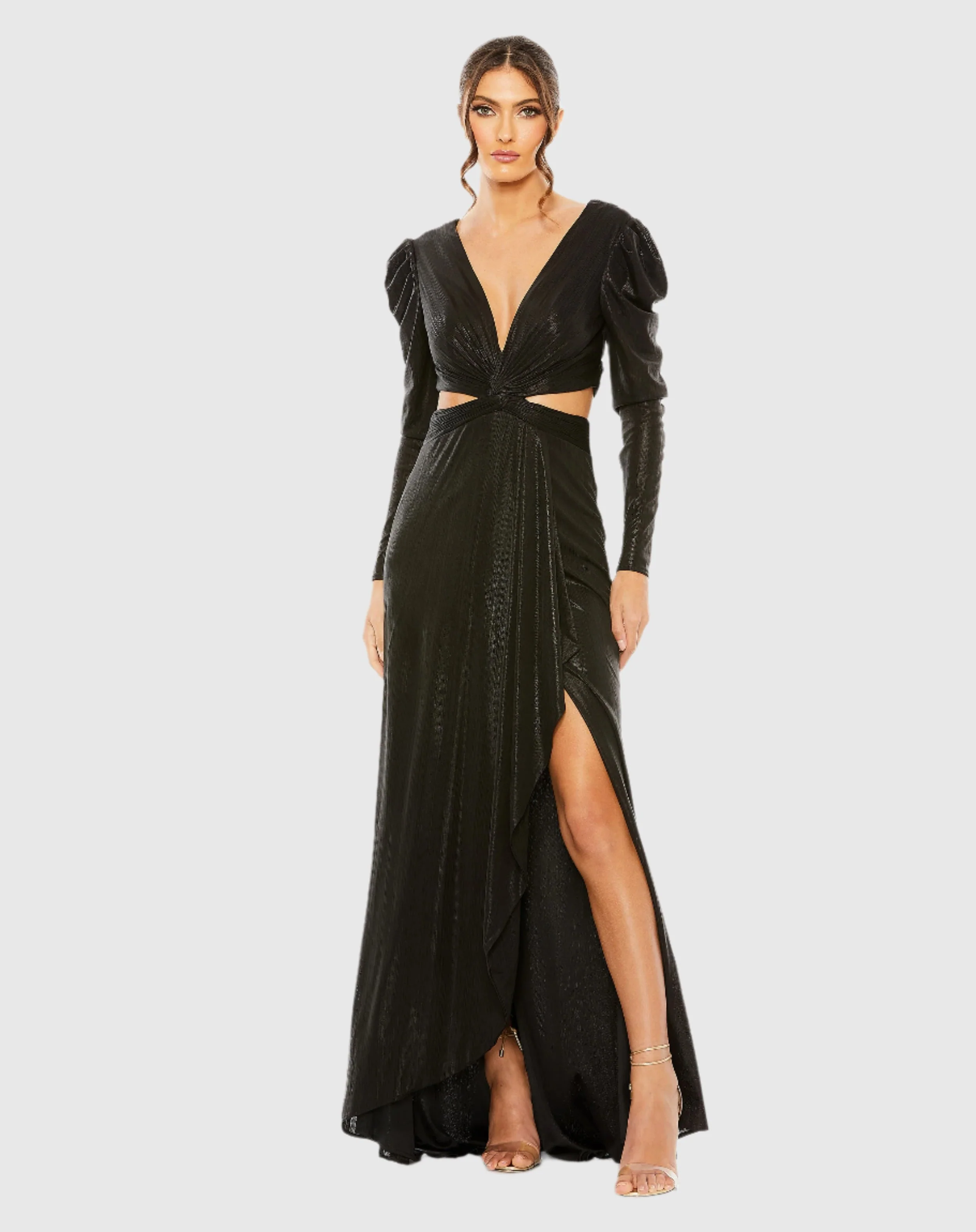 Black Princess Sleeve Cut Out Metallic Gown
