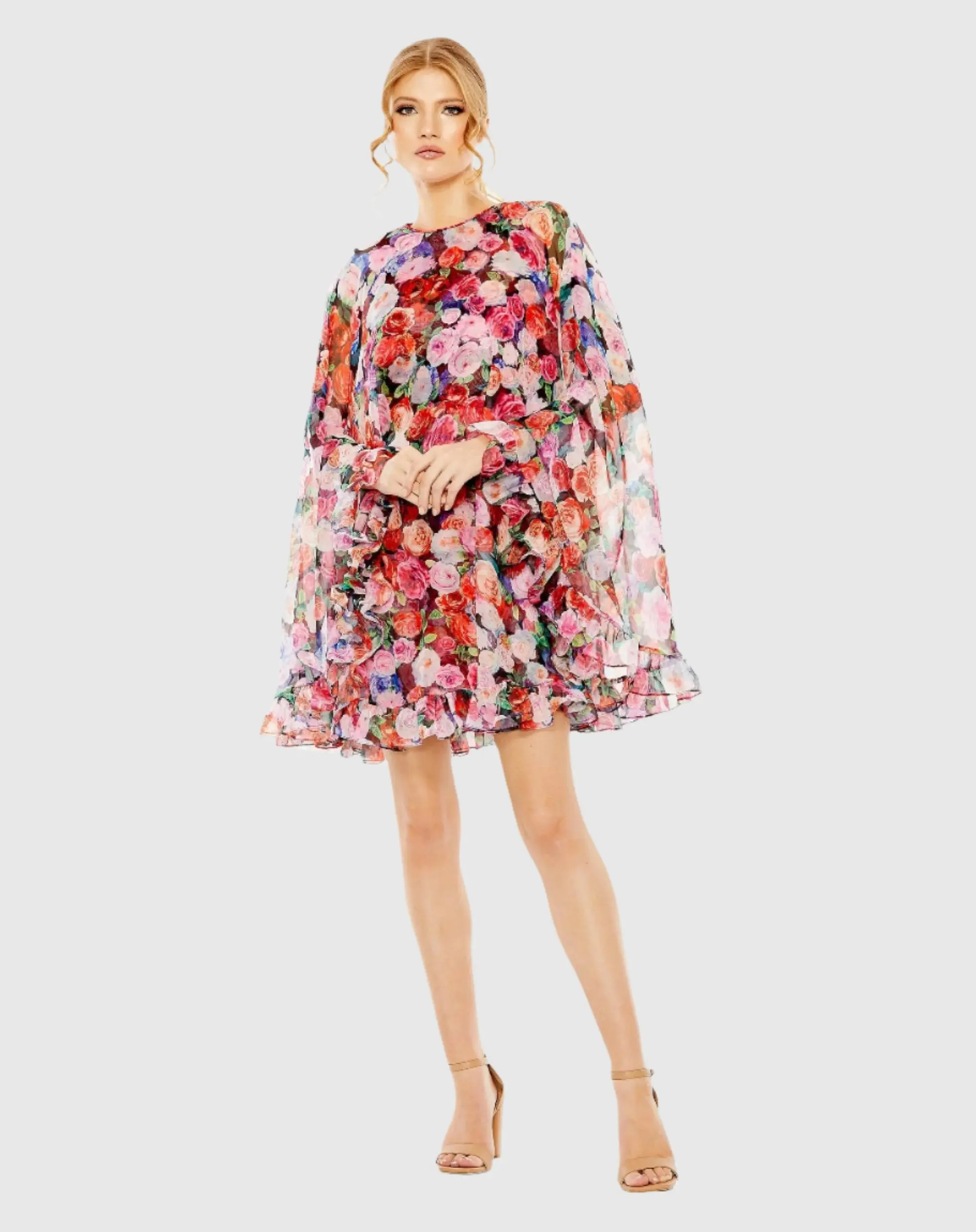 Multicolor Floral Printed Cape Mini Dress