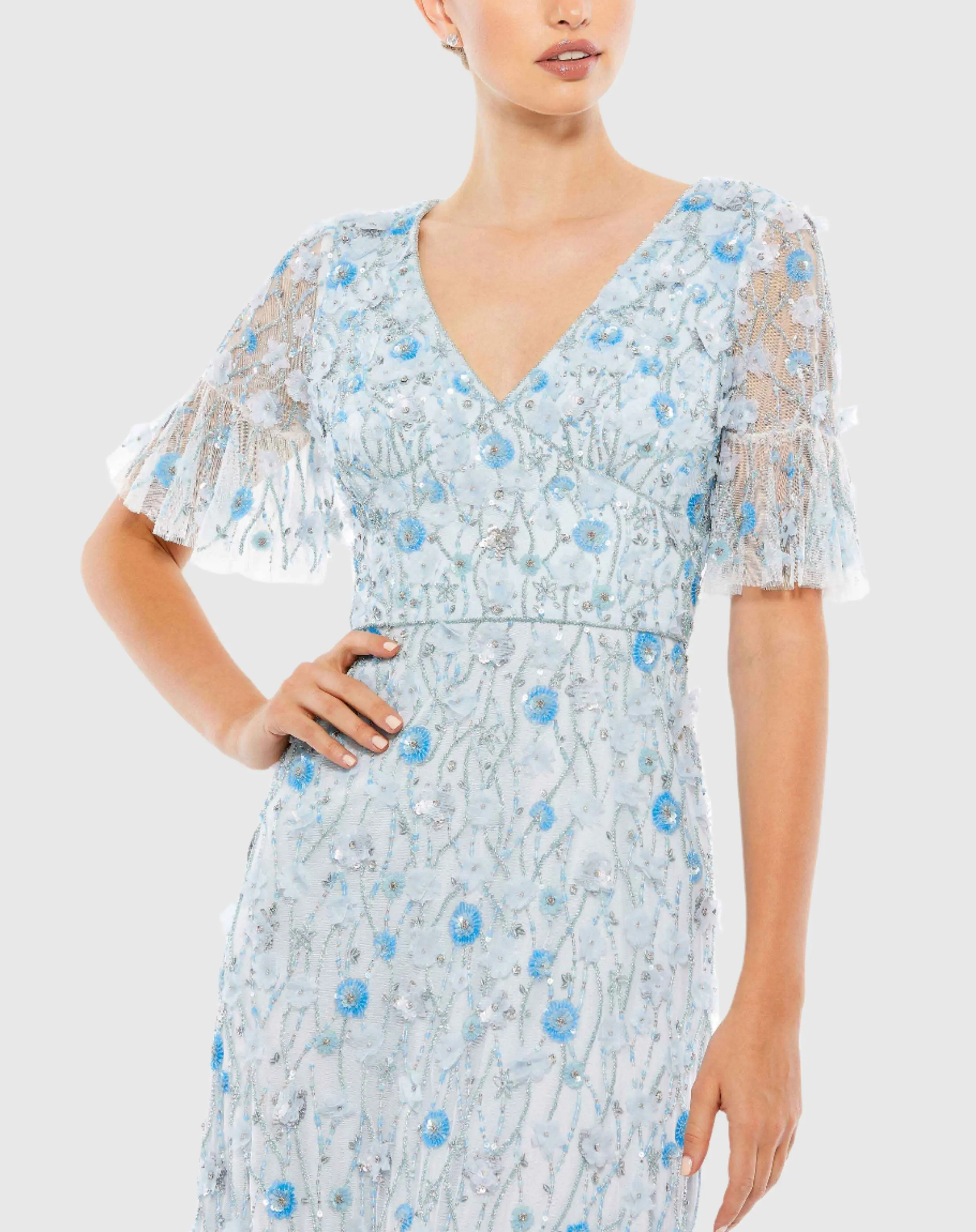 Blue Embellished V-Neck Empire Waist Ruffle Hem Gown