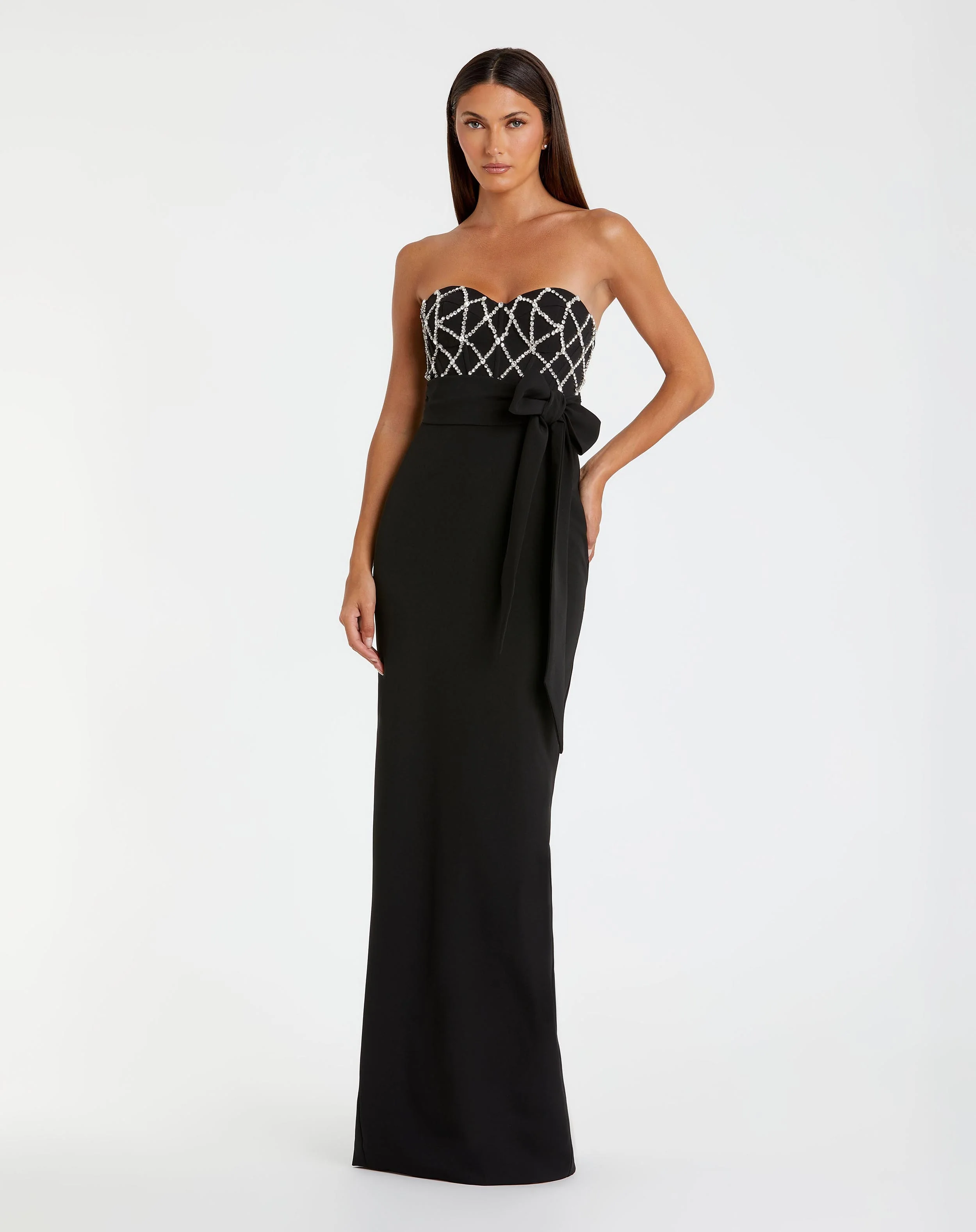 Black Embellished Strapless Bustier With Bow Crepe Gown