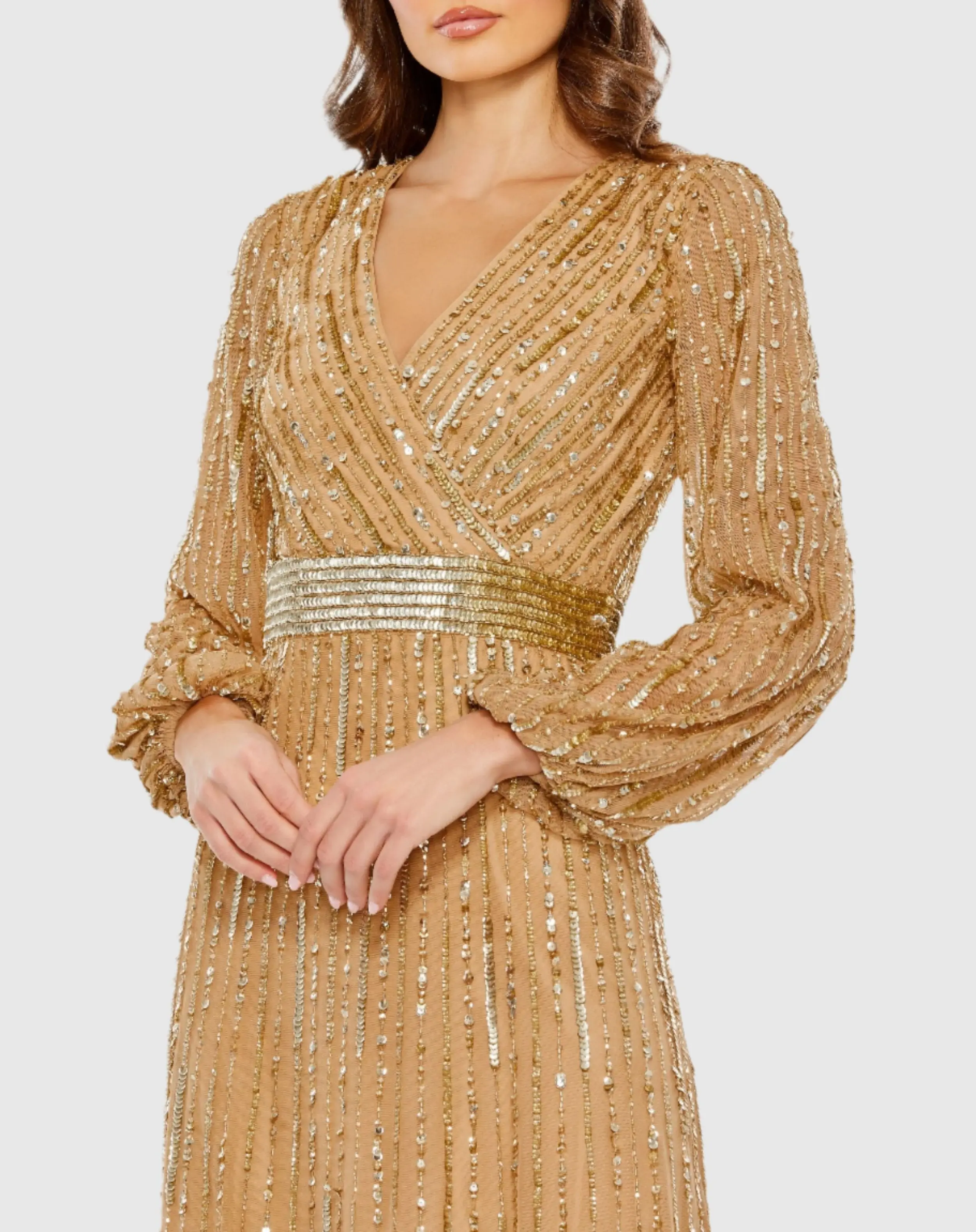 Gold Wrap Over Puff Sleeve Embellished Gown
