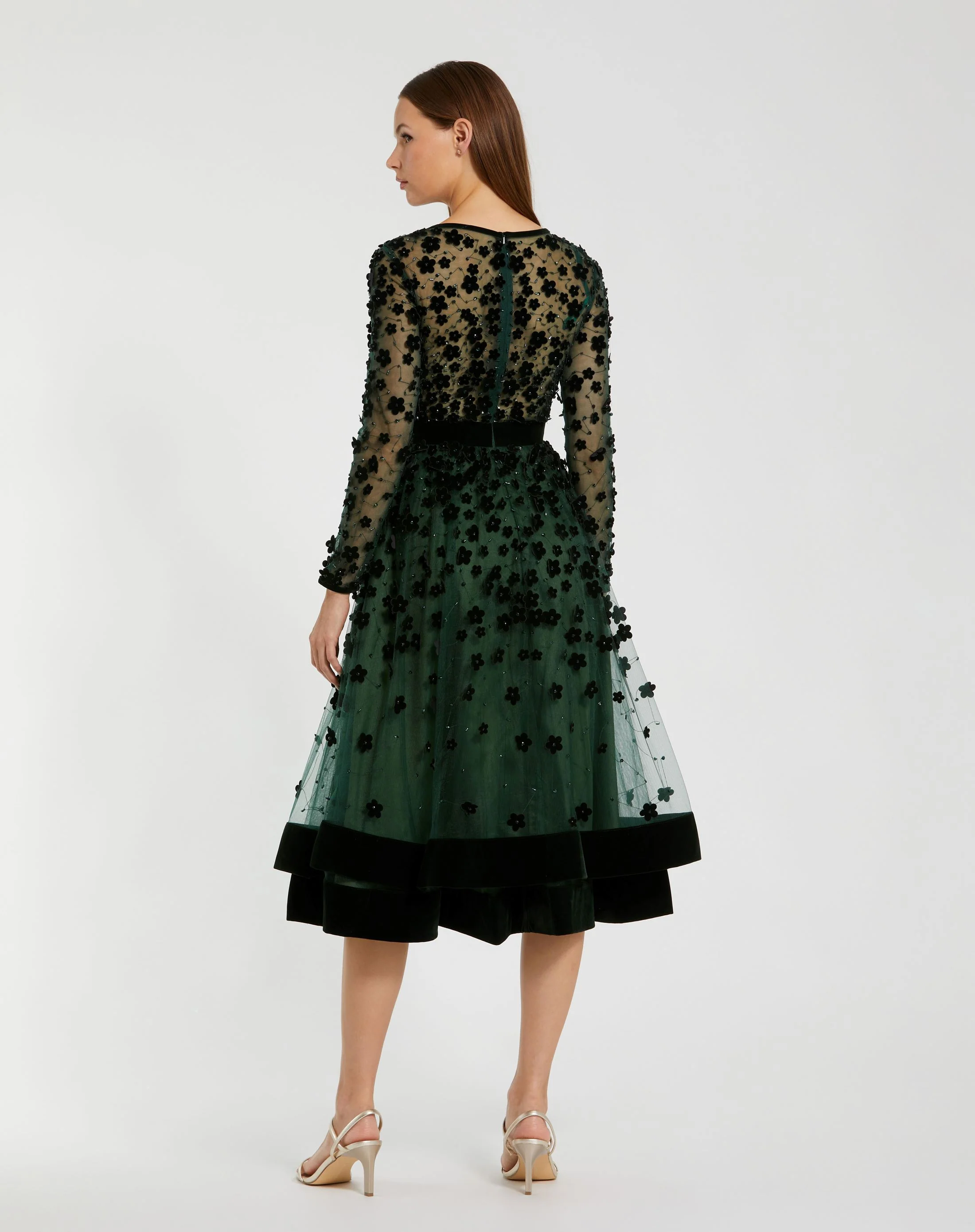 Green Embellished Illusion High Neck Long Sleeve Fit & Flare Dress