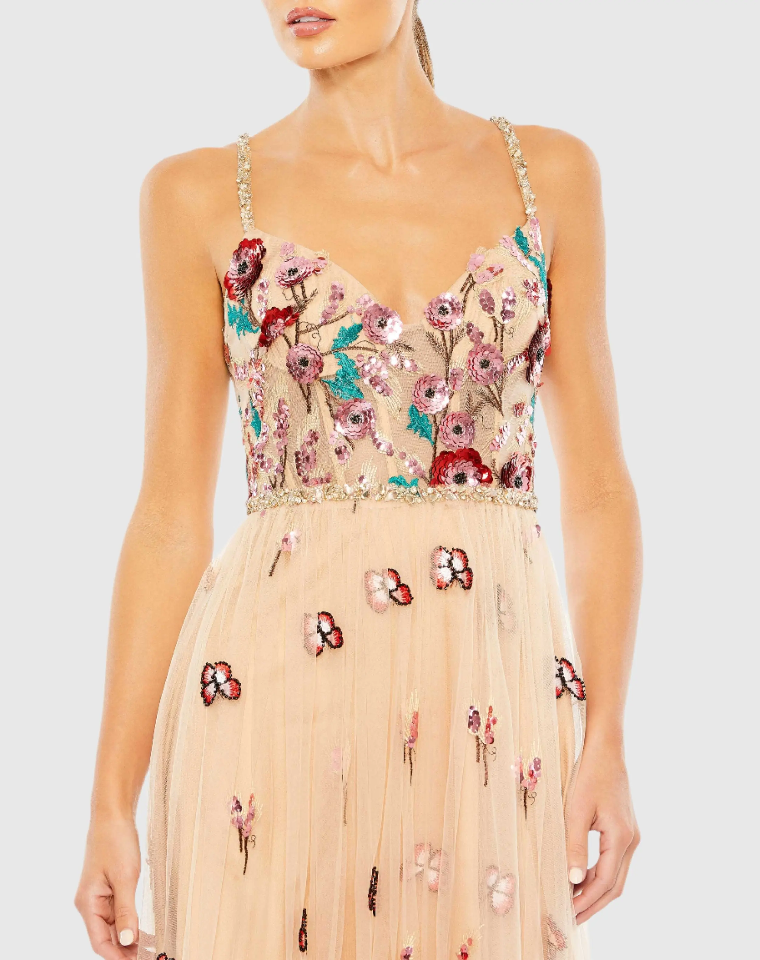 Beige Embellished Floral Detail A Line Gown