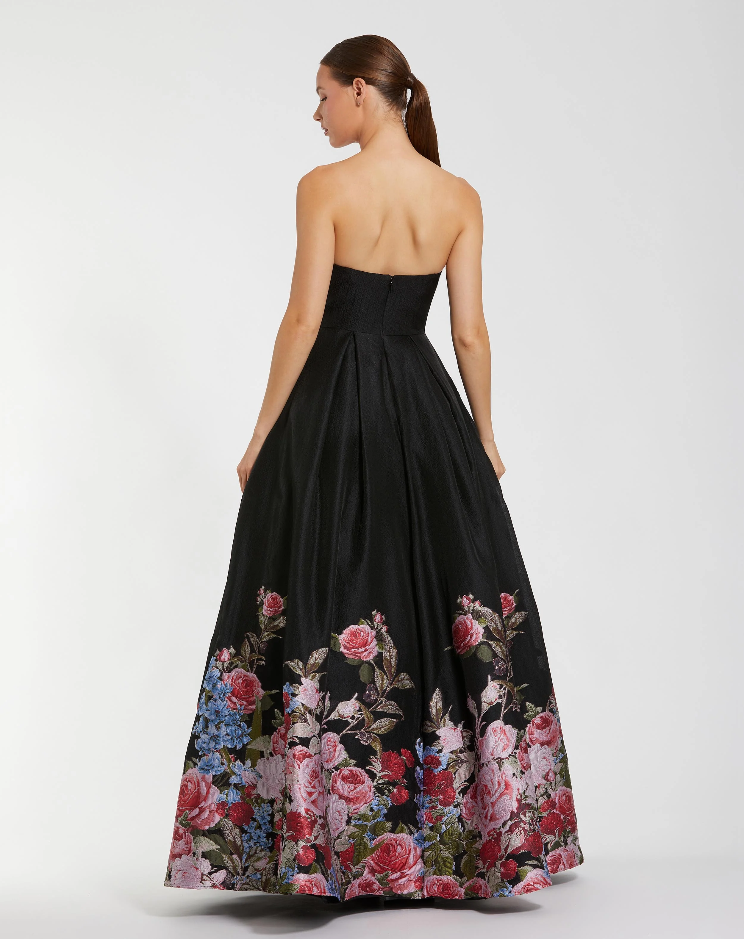 Black Strapless Floral Brocade Ballgown