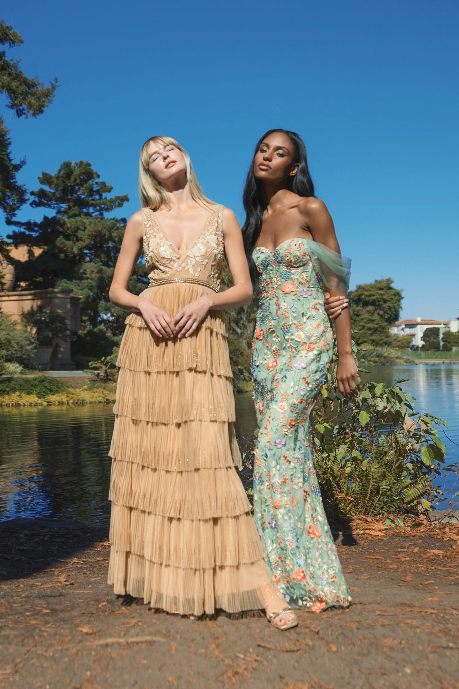Beige Beaded Mesh V Neck Gown With Tiered Ruffles