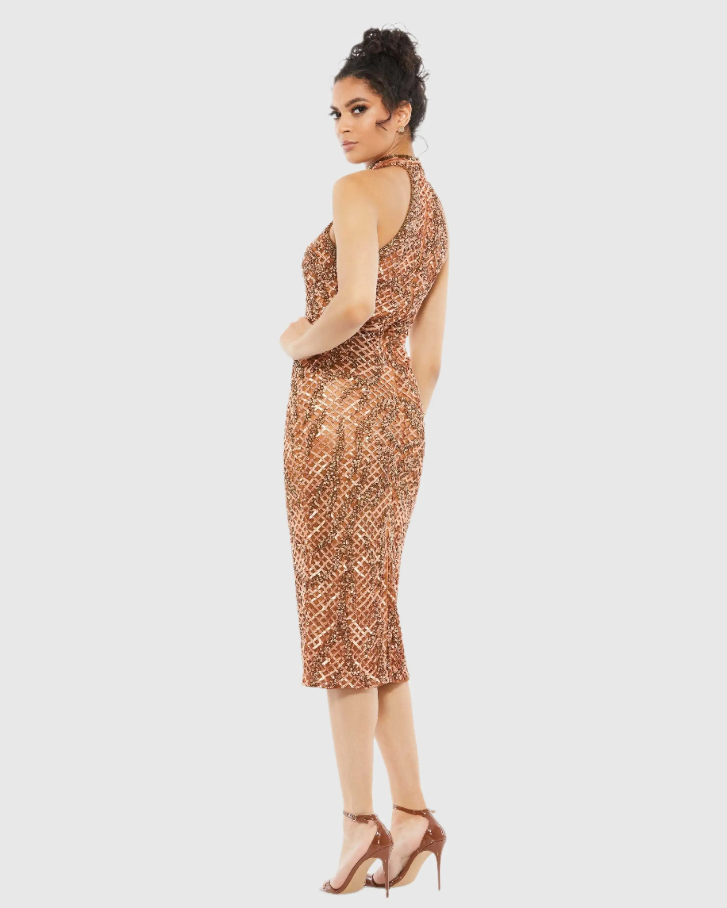 Brown Embellished Halter Midi Dress