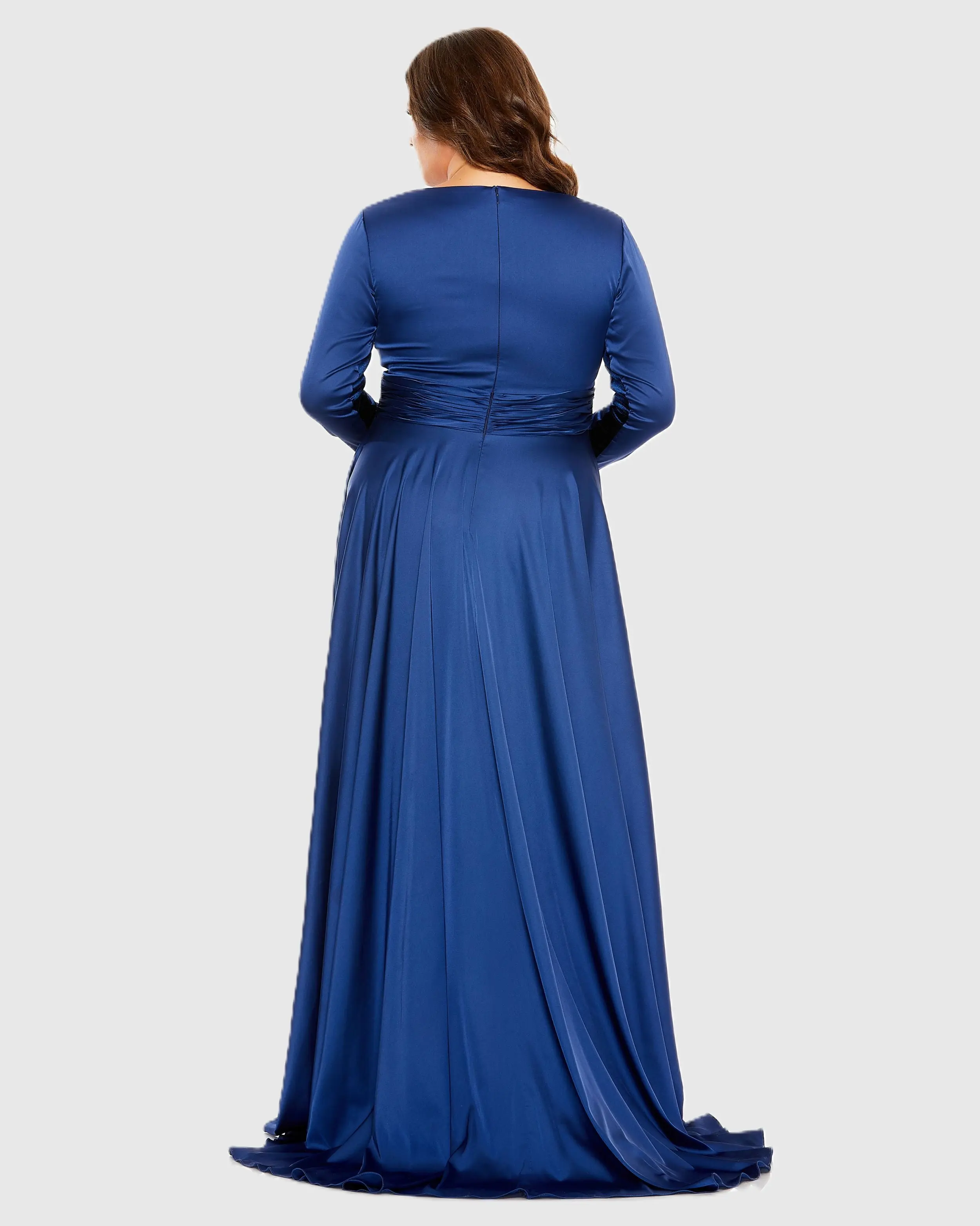 Blue Quarter Sleeve V Neck A Line Gown