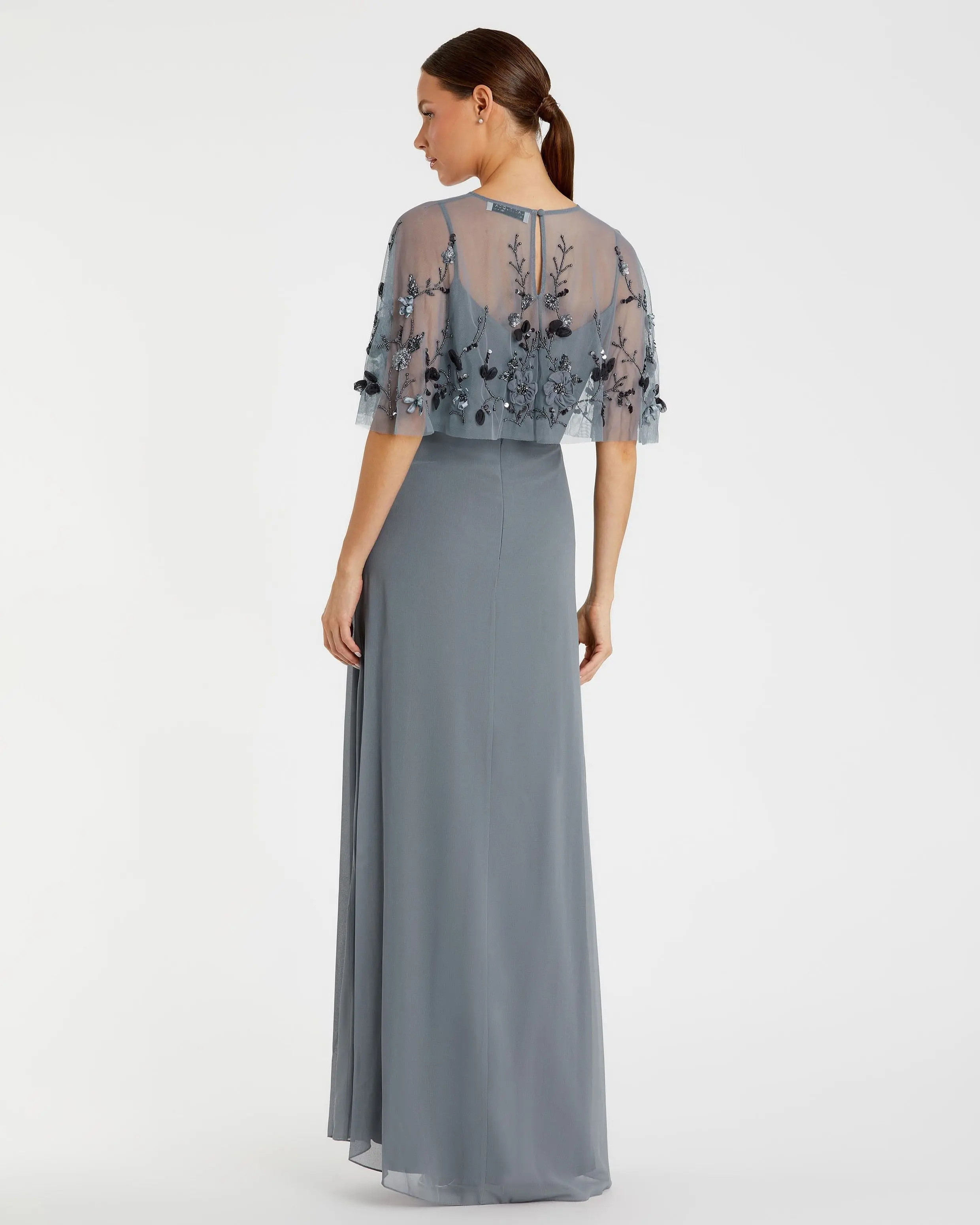 Gray Sleeveless Gown With Embellished Cape