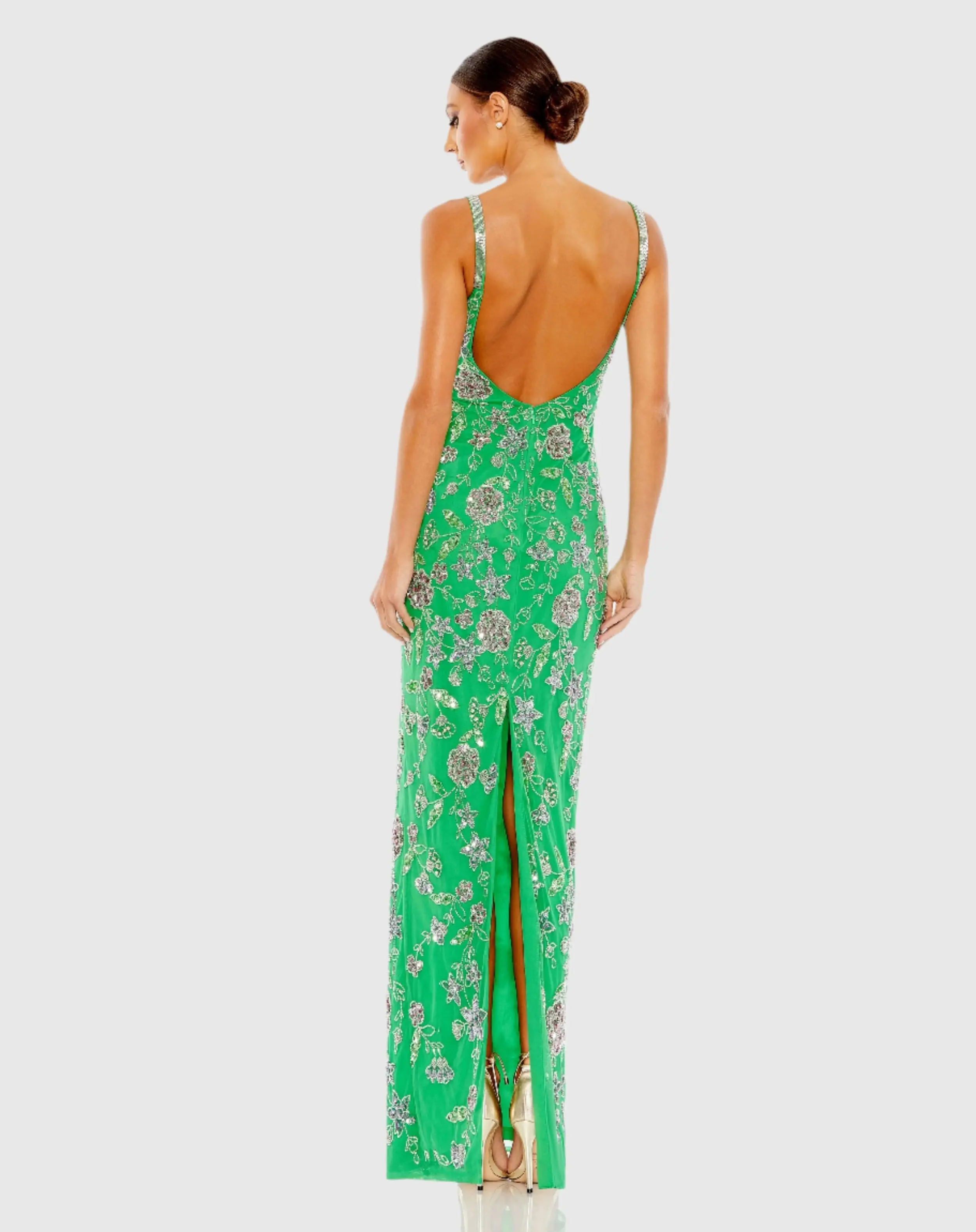 Green Hand Beaded Floral Gown with Beaded Spaghetti Straps