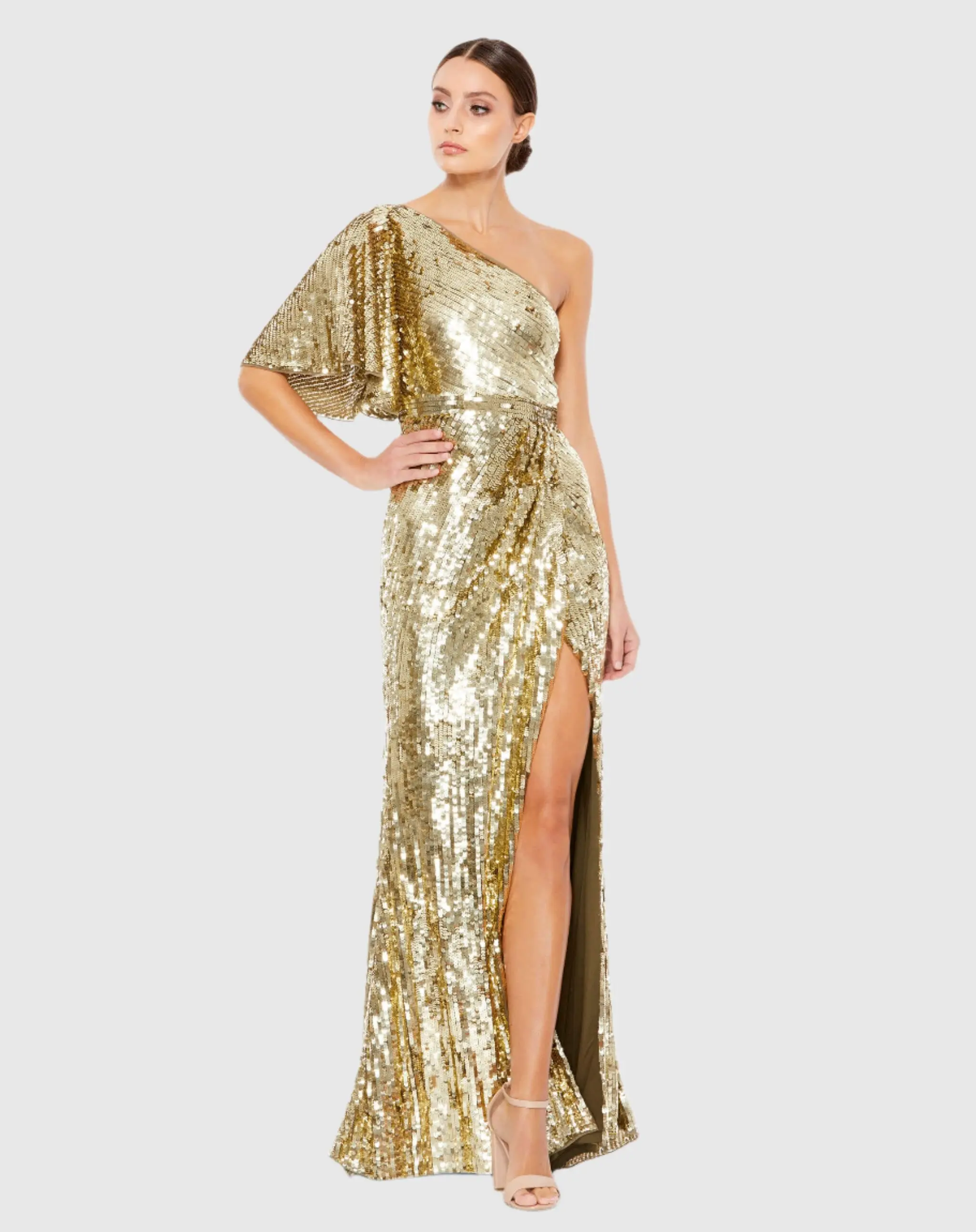 Gold Embellished Cap Sleeve Cowl Neck Trumpet Gown