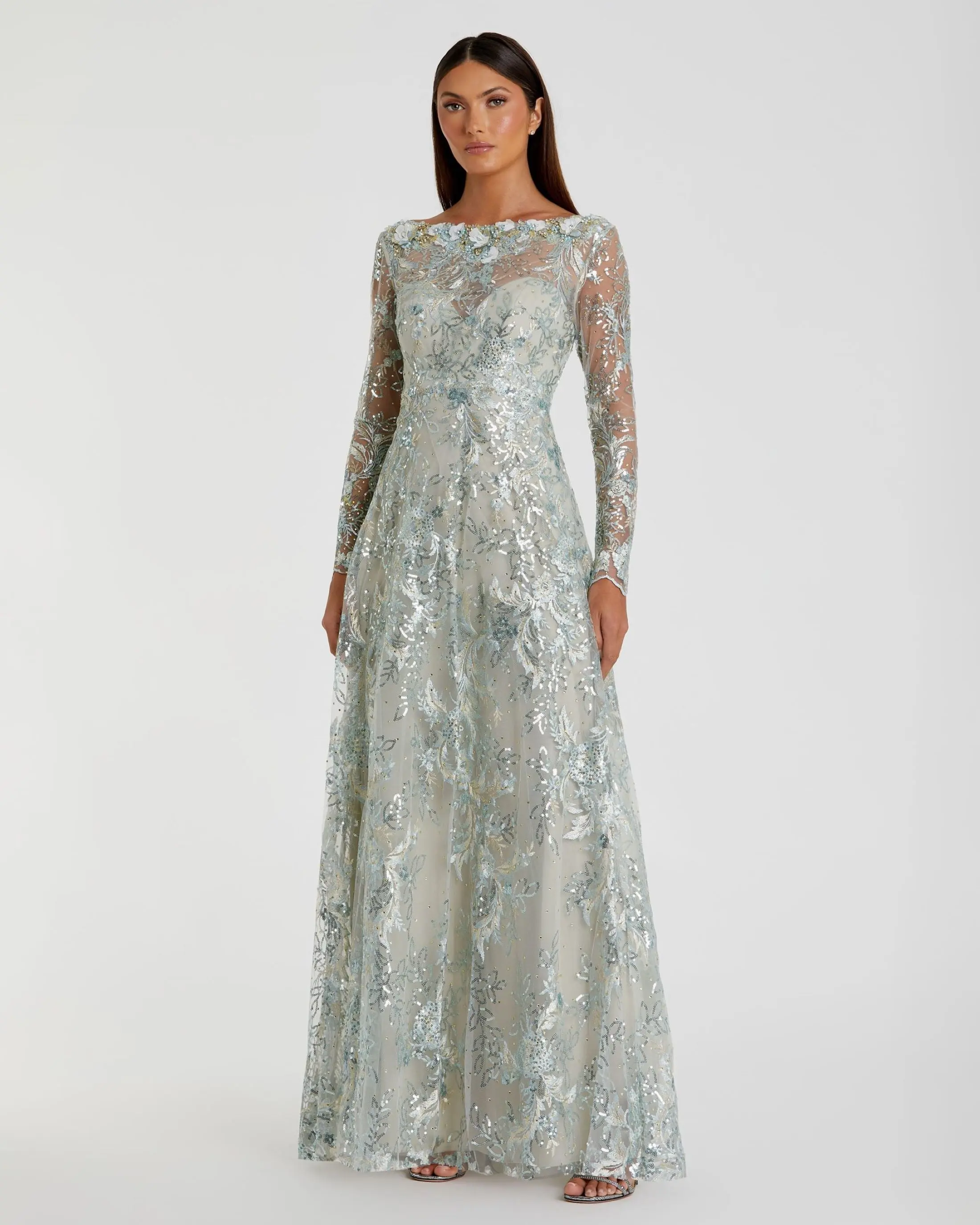 Green Floral Embroidered Illusion Long Sleeve Gown