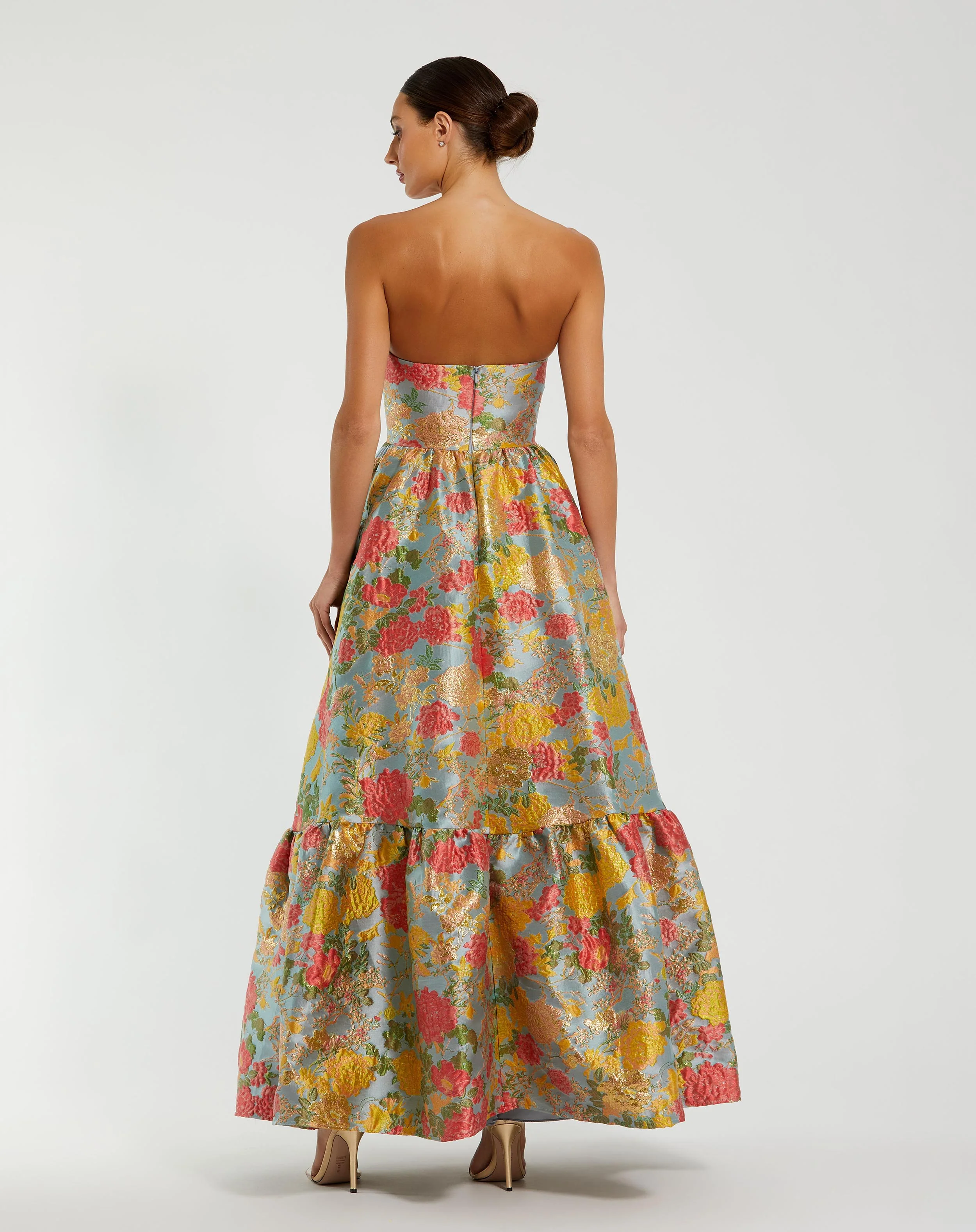 Multicolor Strapless Floral Brocade Dress with Ruffles