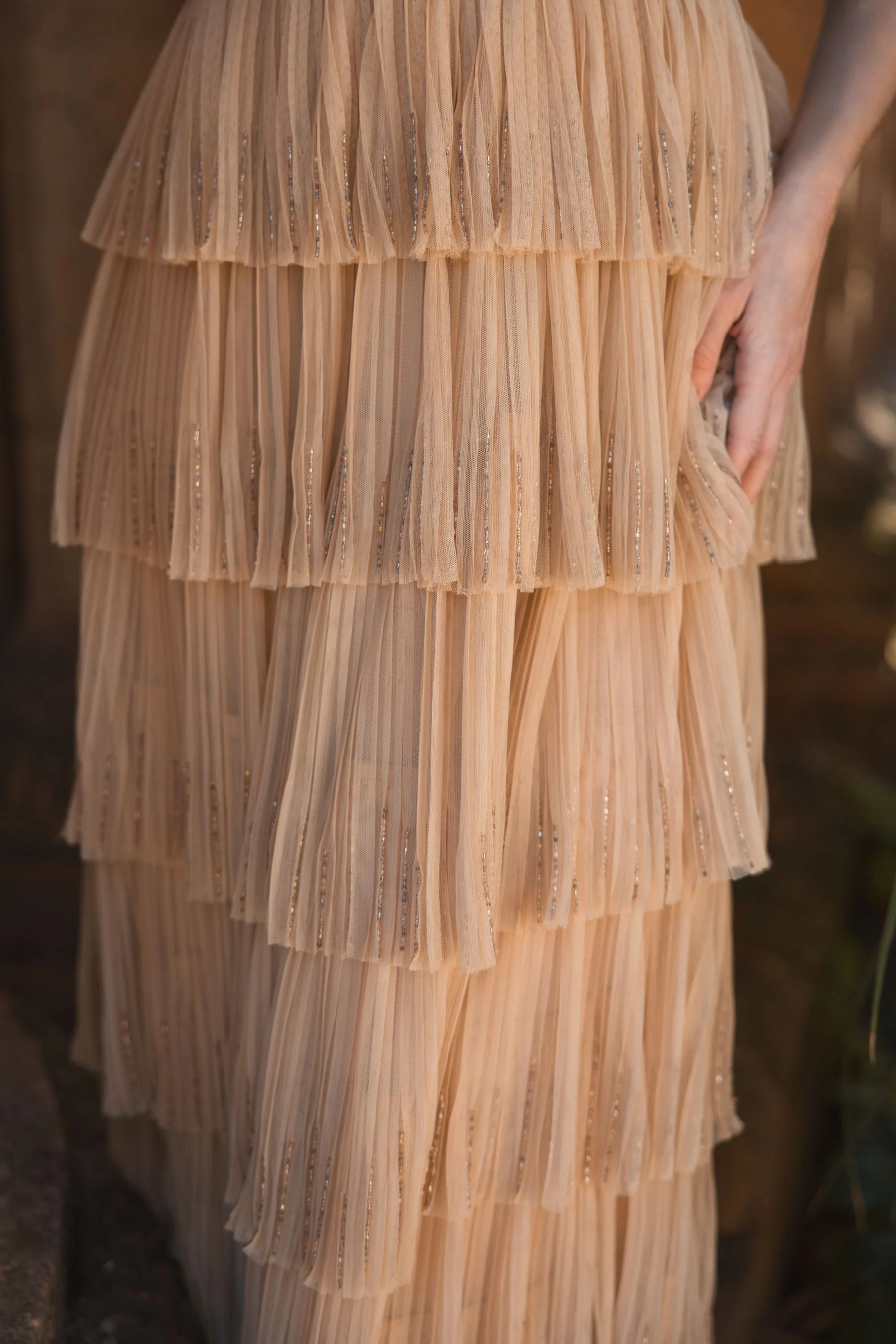 Beige Beaded Mesh V Neck Gown With Tiered Ruffles