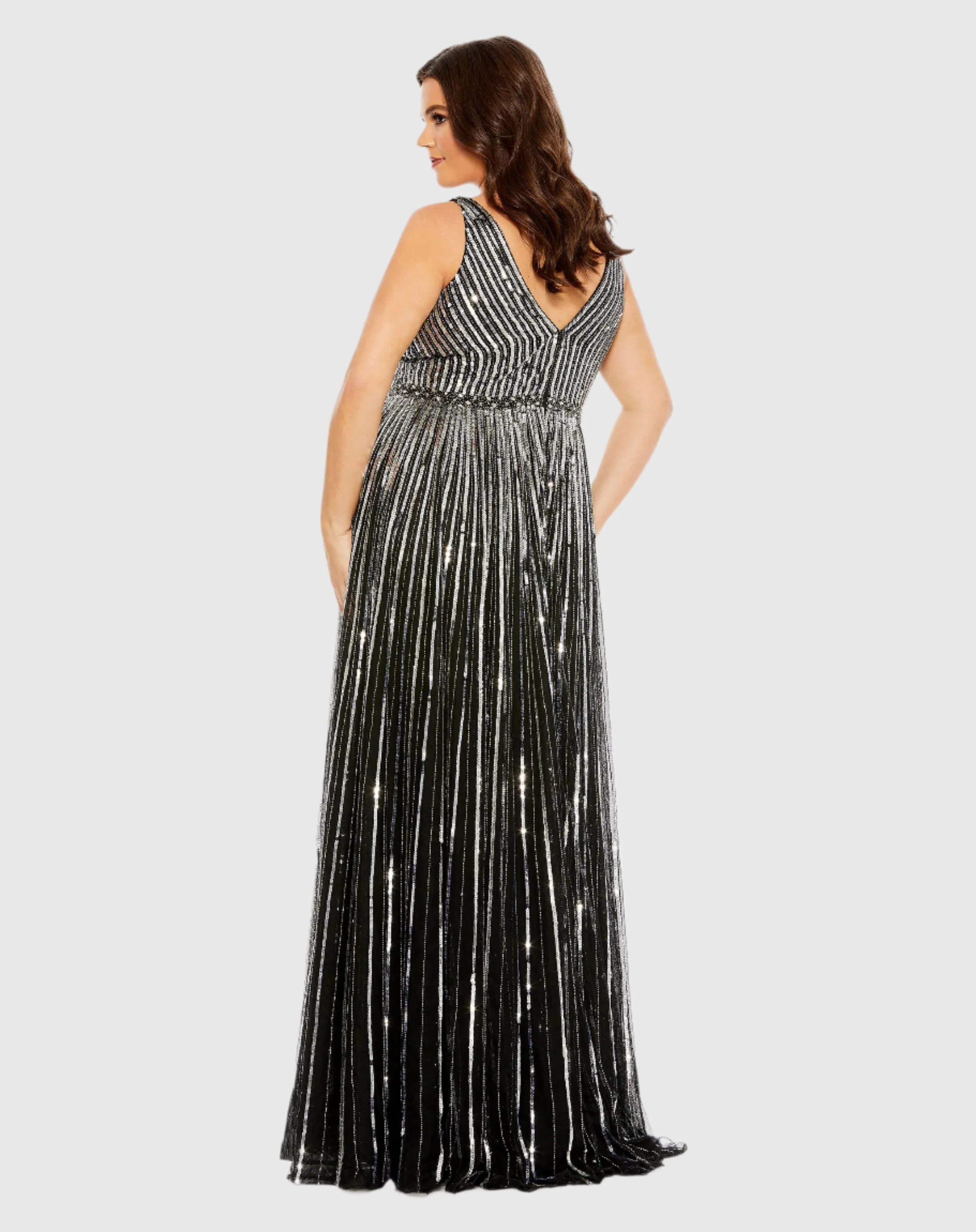 Black and Silver Sequined Striped Sleeveless V Neck A Line Gown (Plus)