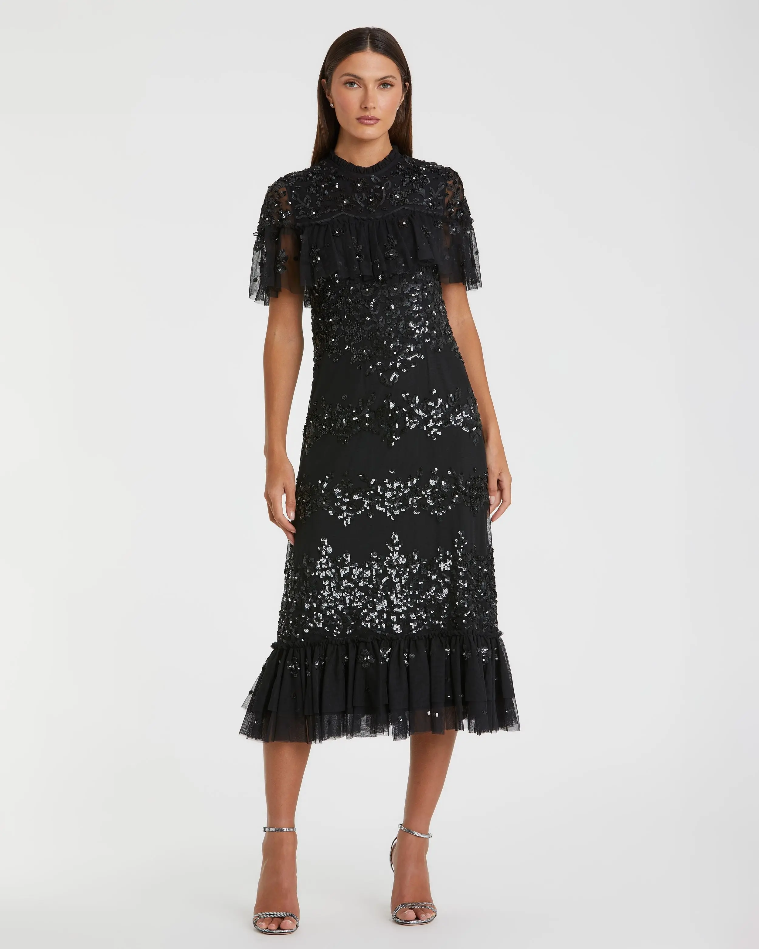 Black Sequined High Neck Ruffled Flutter Sleeve Midi Dress
