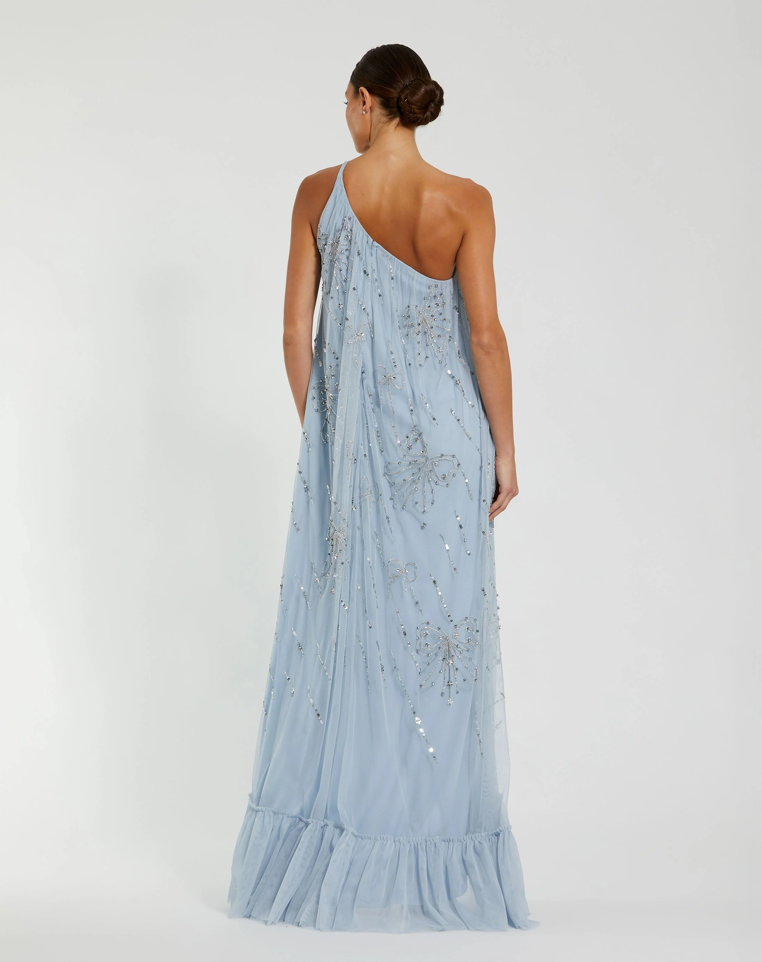 Blue Bow Embellished Mesh One Shoulder High Low Gown