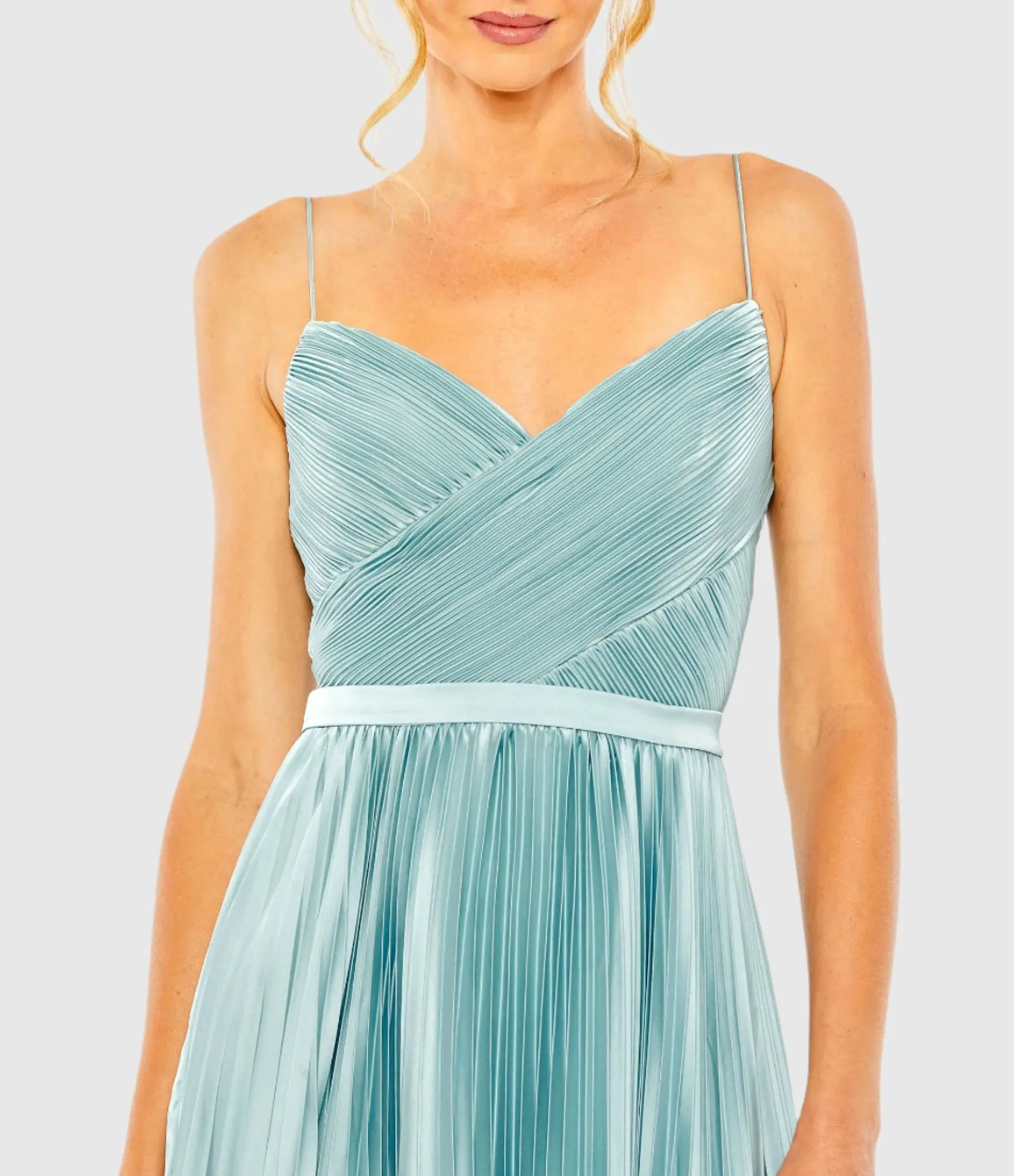 Blue Spaghetti Strap Surplice Top Pleated Dress