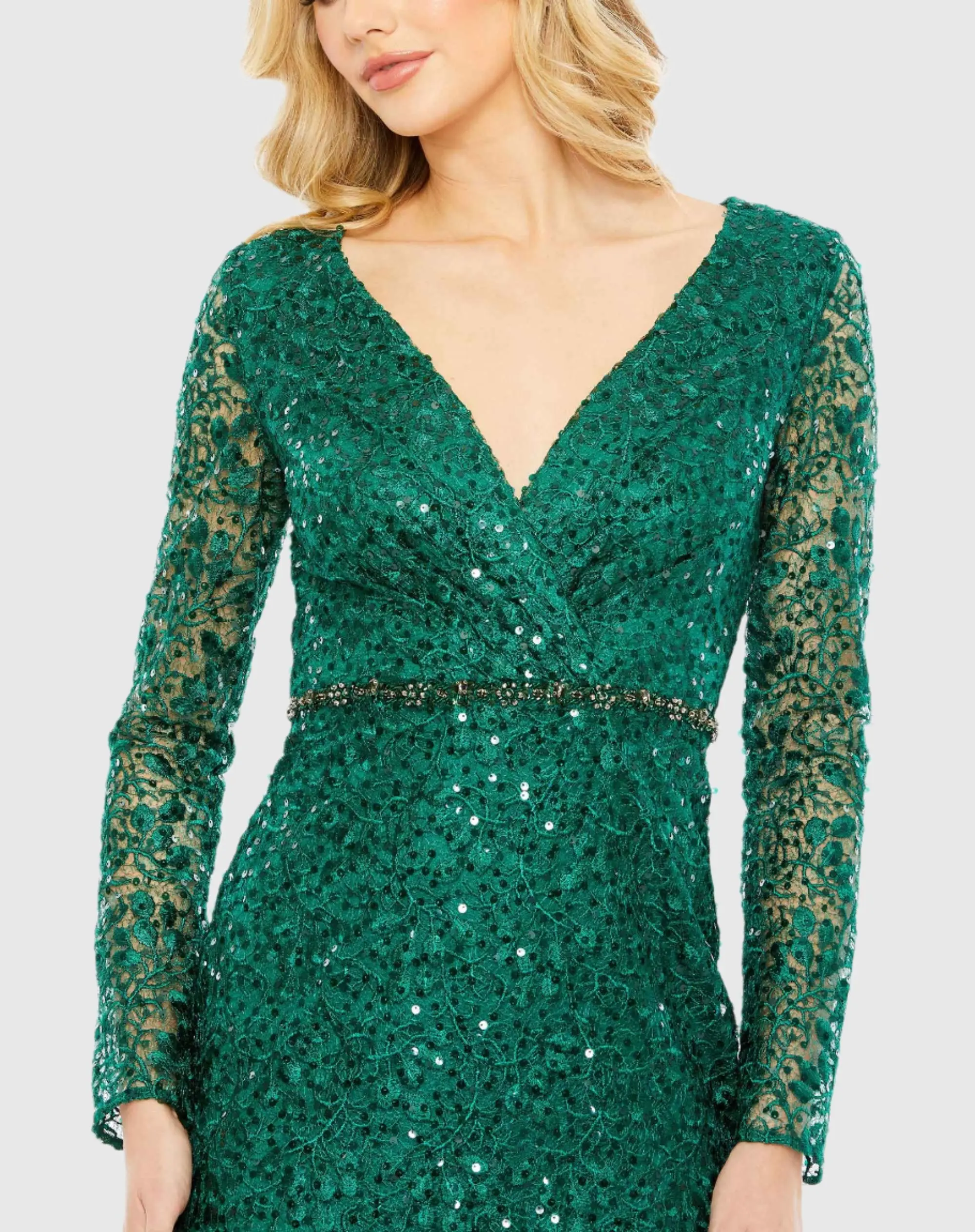 Green Embellished Wrap Over Long Sleeve Gown