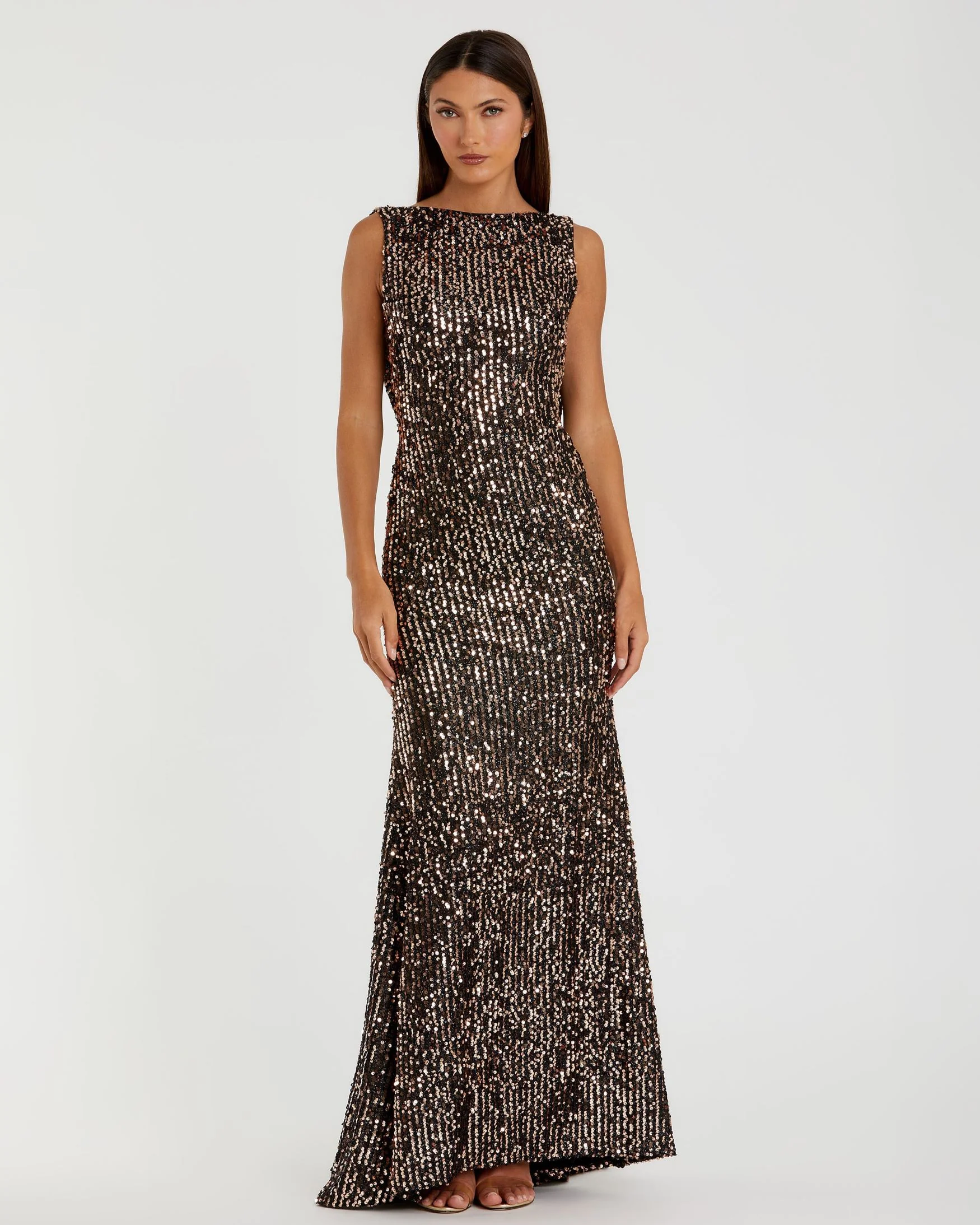 Brown Cowl Back Boat Neck Sequined Evening Gown