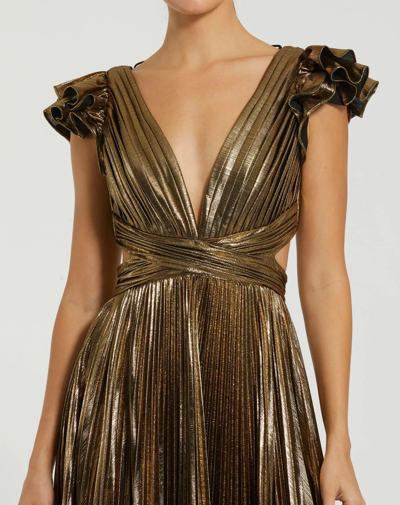 Gold Ruffle Sleeve Cutout Pleated Metallic Gown