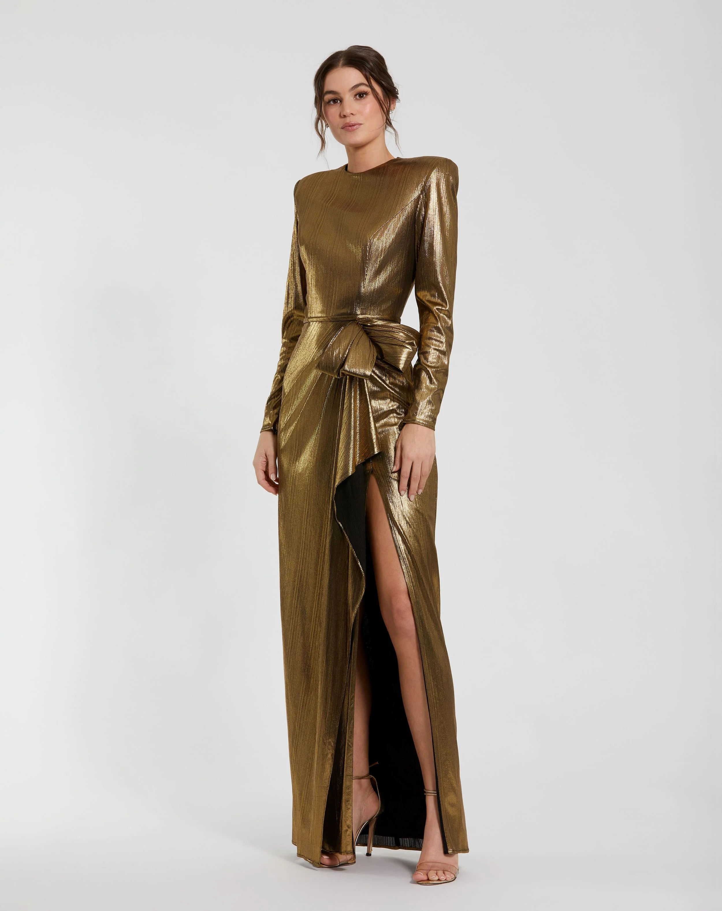 Gold Metallic Jersey Long Sleeve Gown With Bow