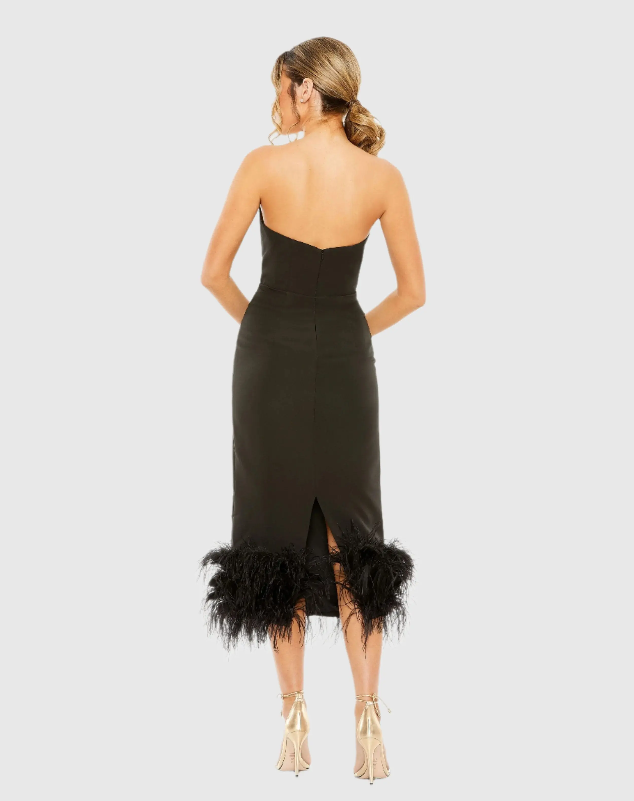 Black Strapless Dress with Feather Trim