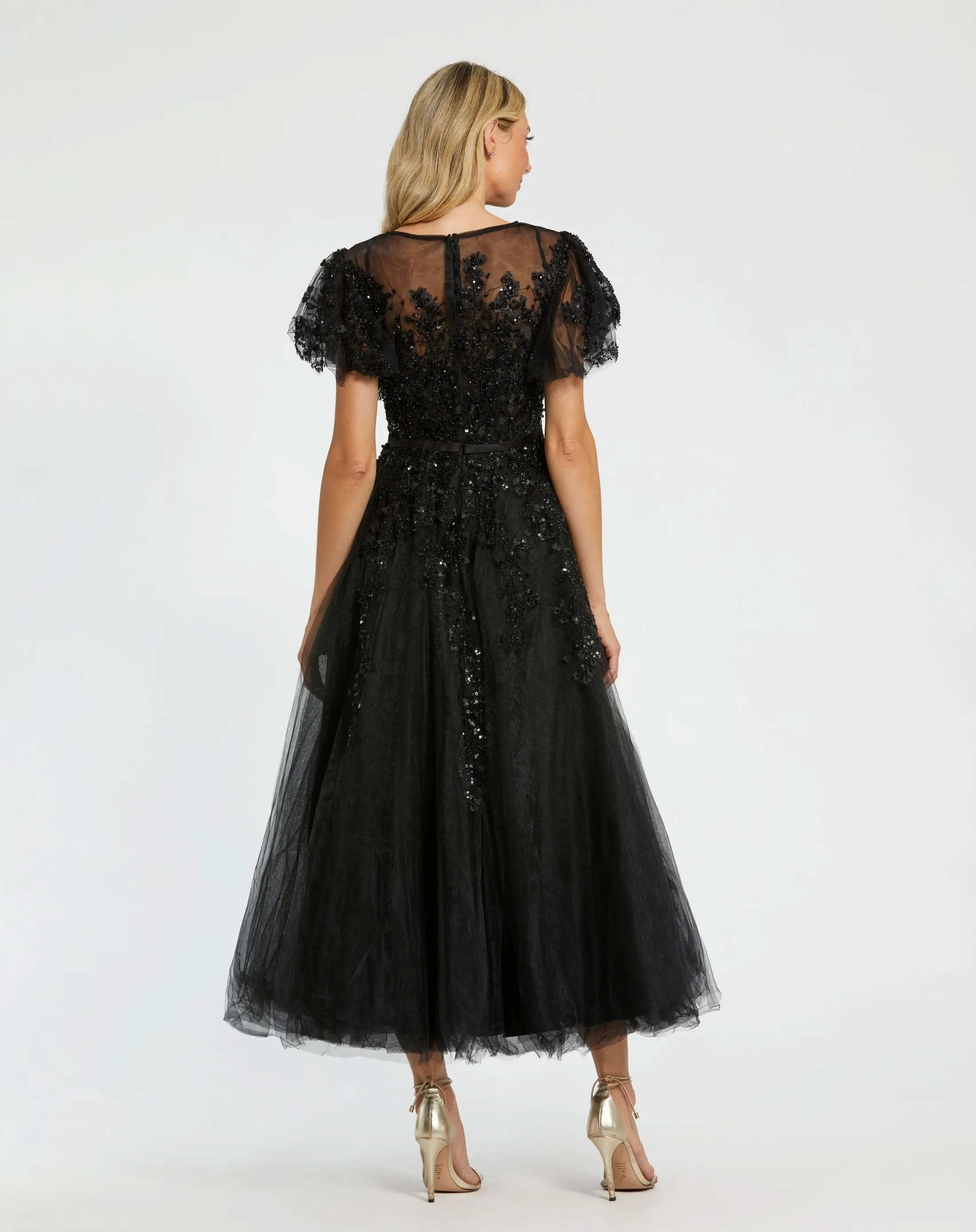 Black Embellished Flutter Sleeve Bow Waist A Line Dress