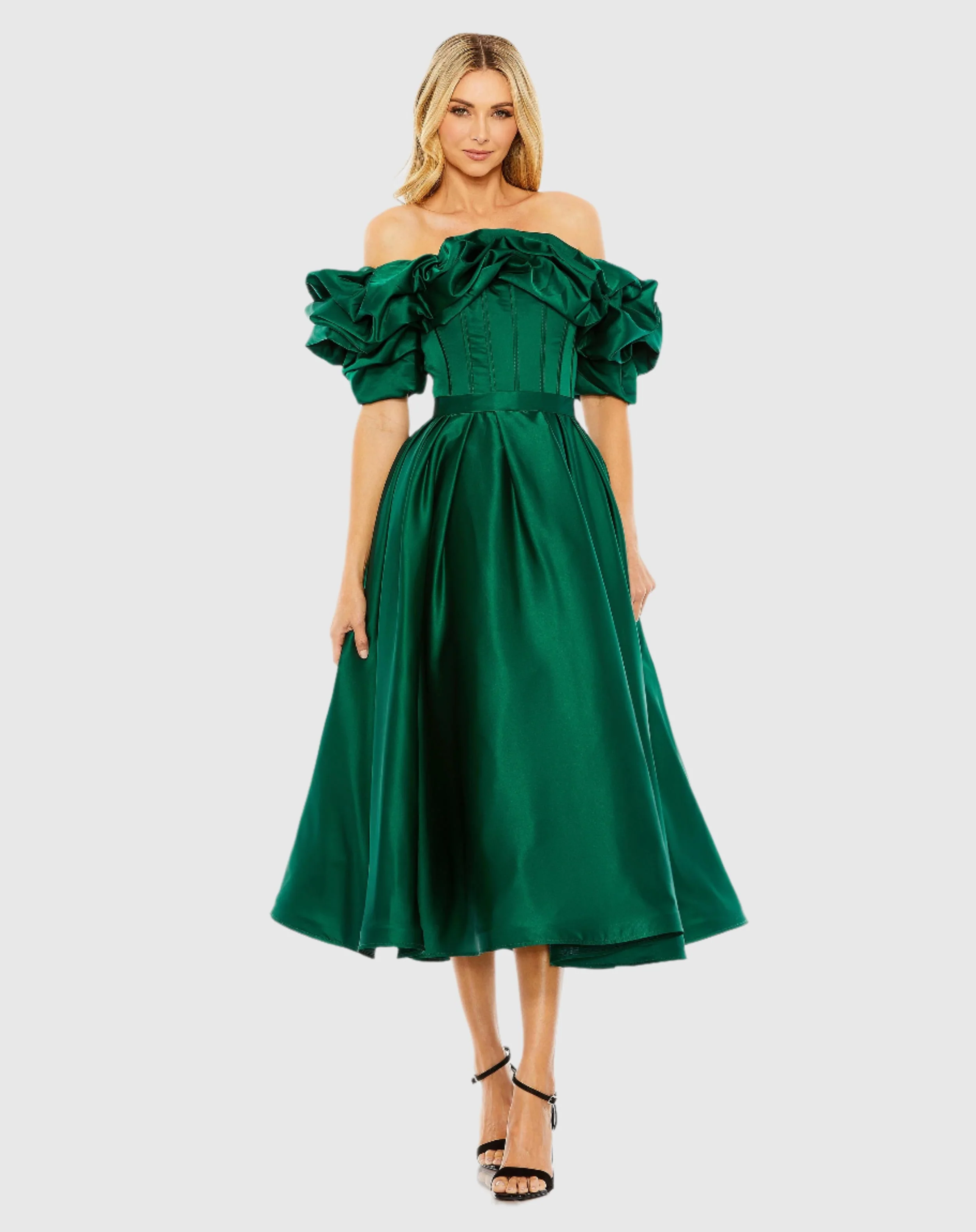 Green Off The Shoulder Tea Length Dress