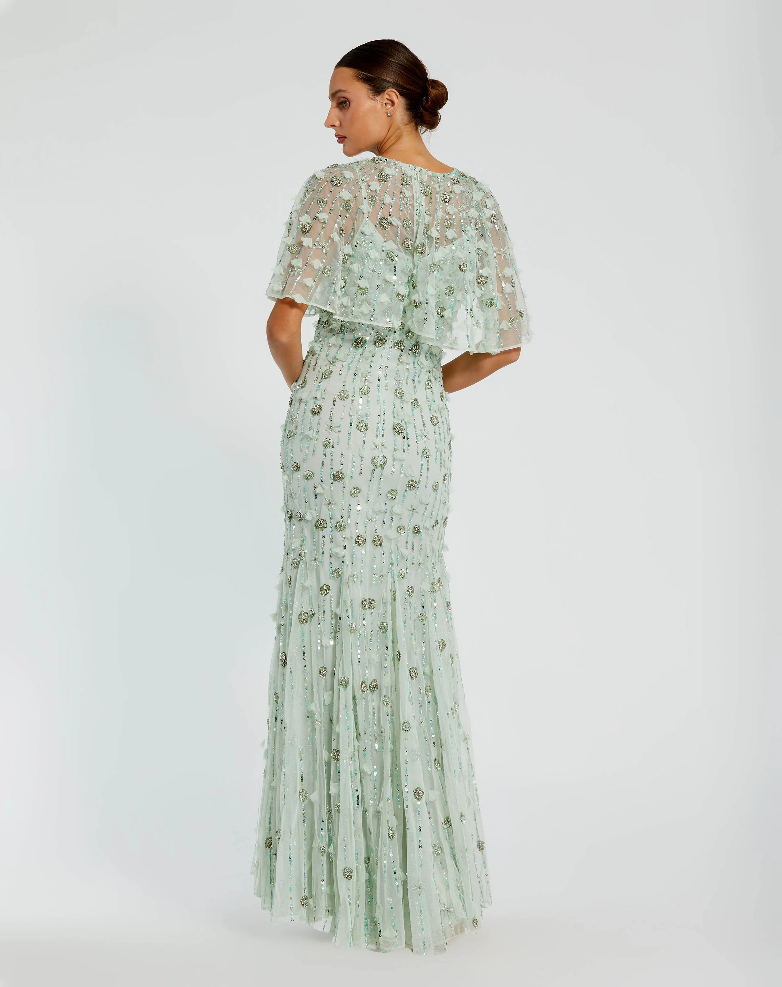 Green Embellished Illusion Cape Sleeve Trumpet Gown