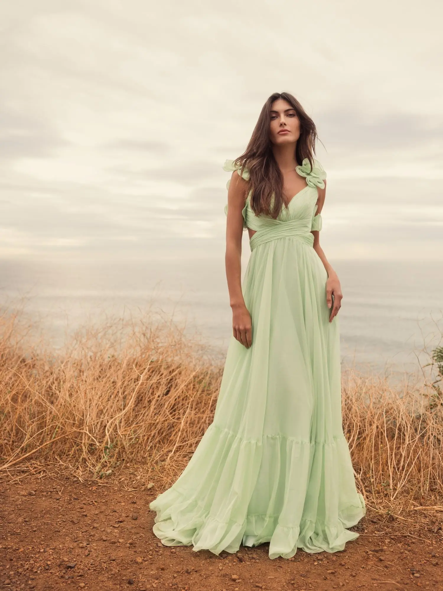 Ruffle Tiered Cut-Out Chiffon Gown