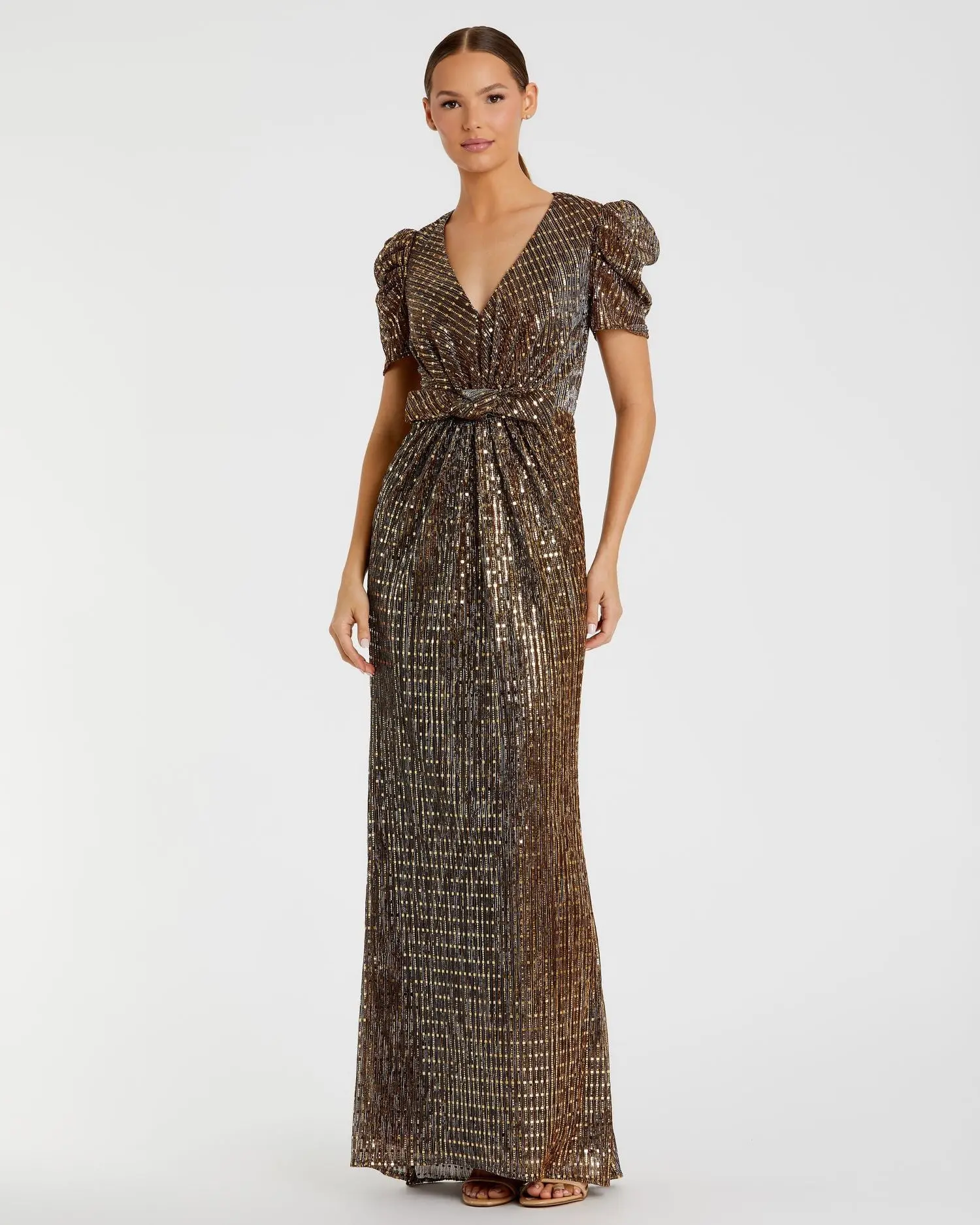 Brown Bow Waist Cap Sleeve Metallic Gown