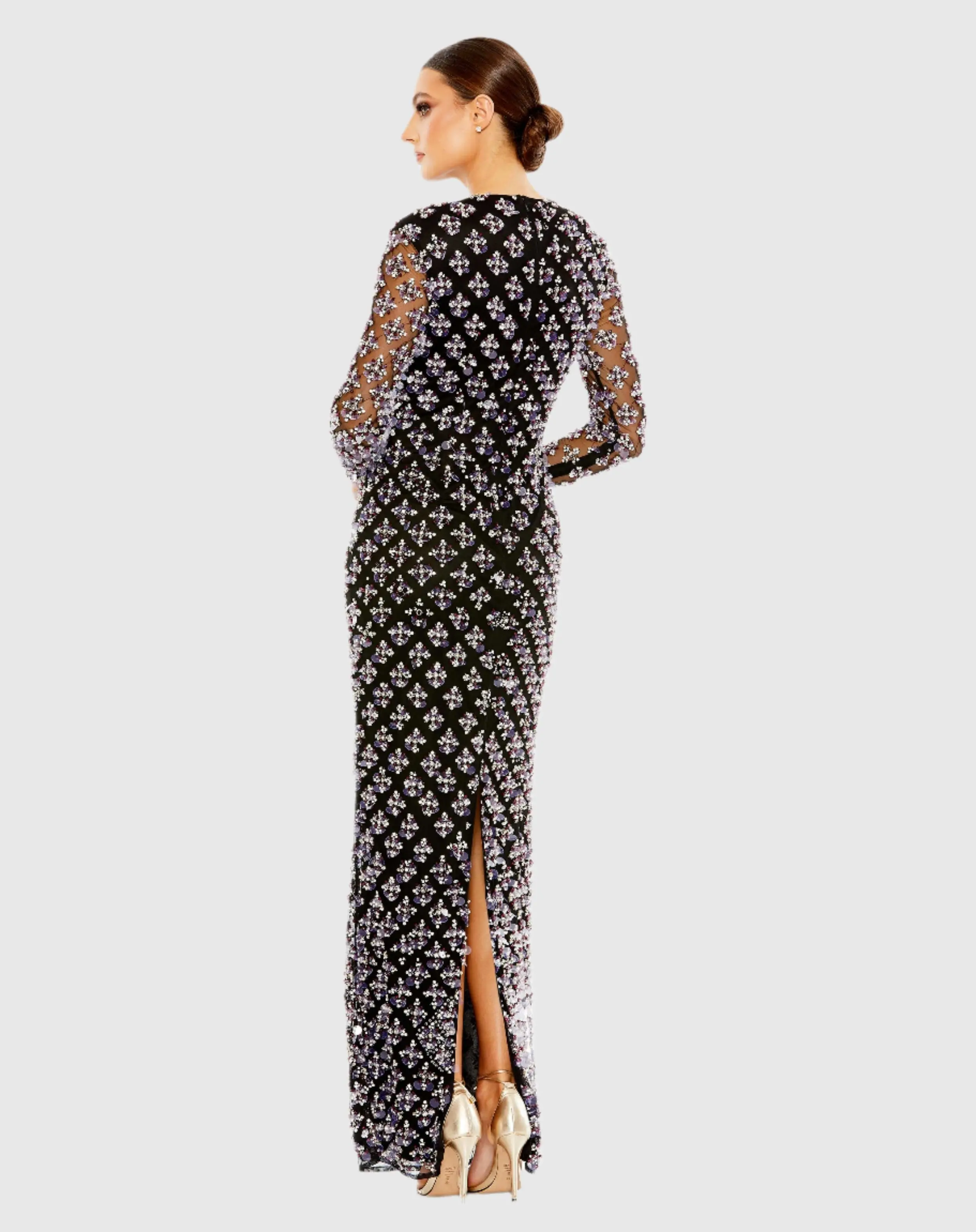 Black Long Sleeve Hand Beaded Crystal Rhinestone Gown