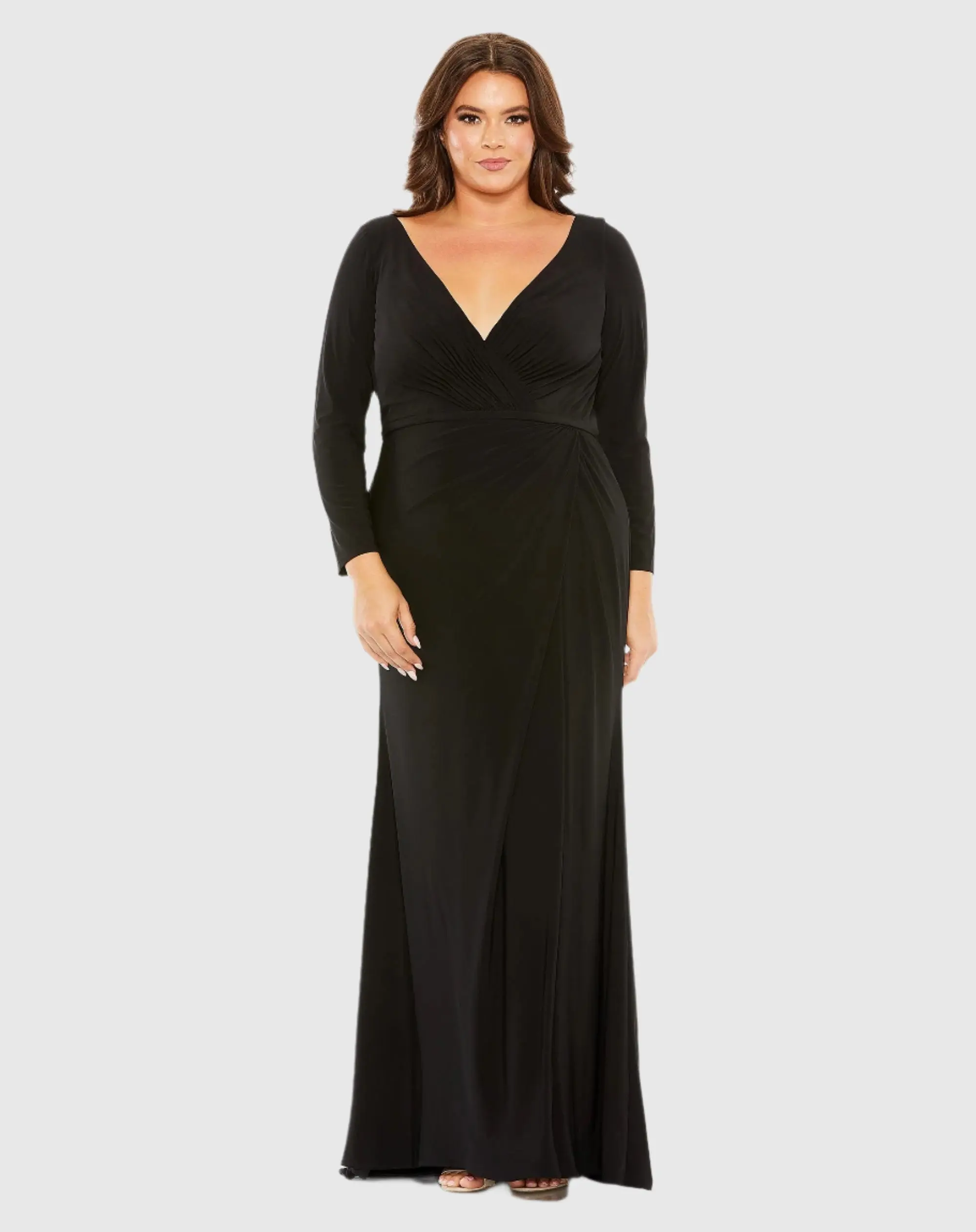 Black Long Sleeve V-Neck Faux Wrap Gown