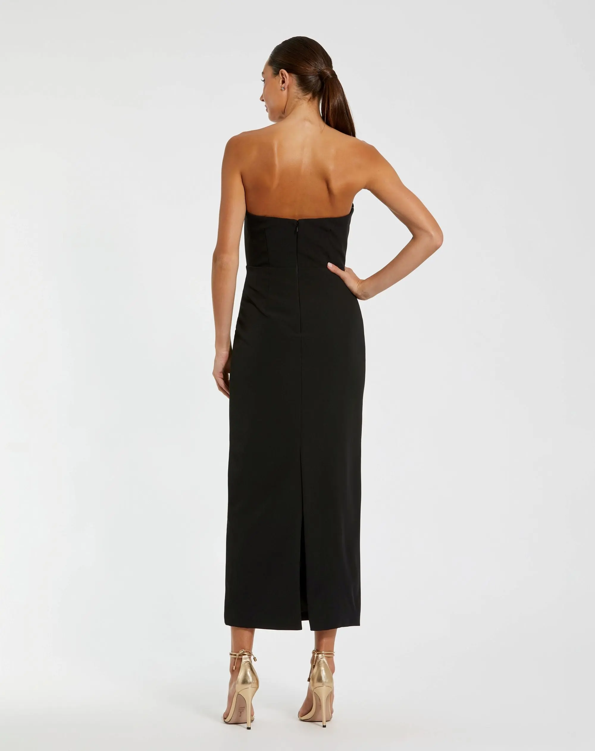 Black Strapless Crepe Dress With 3D Satin Flowers