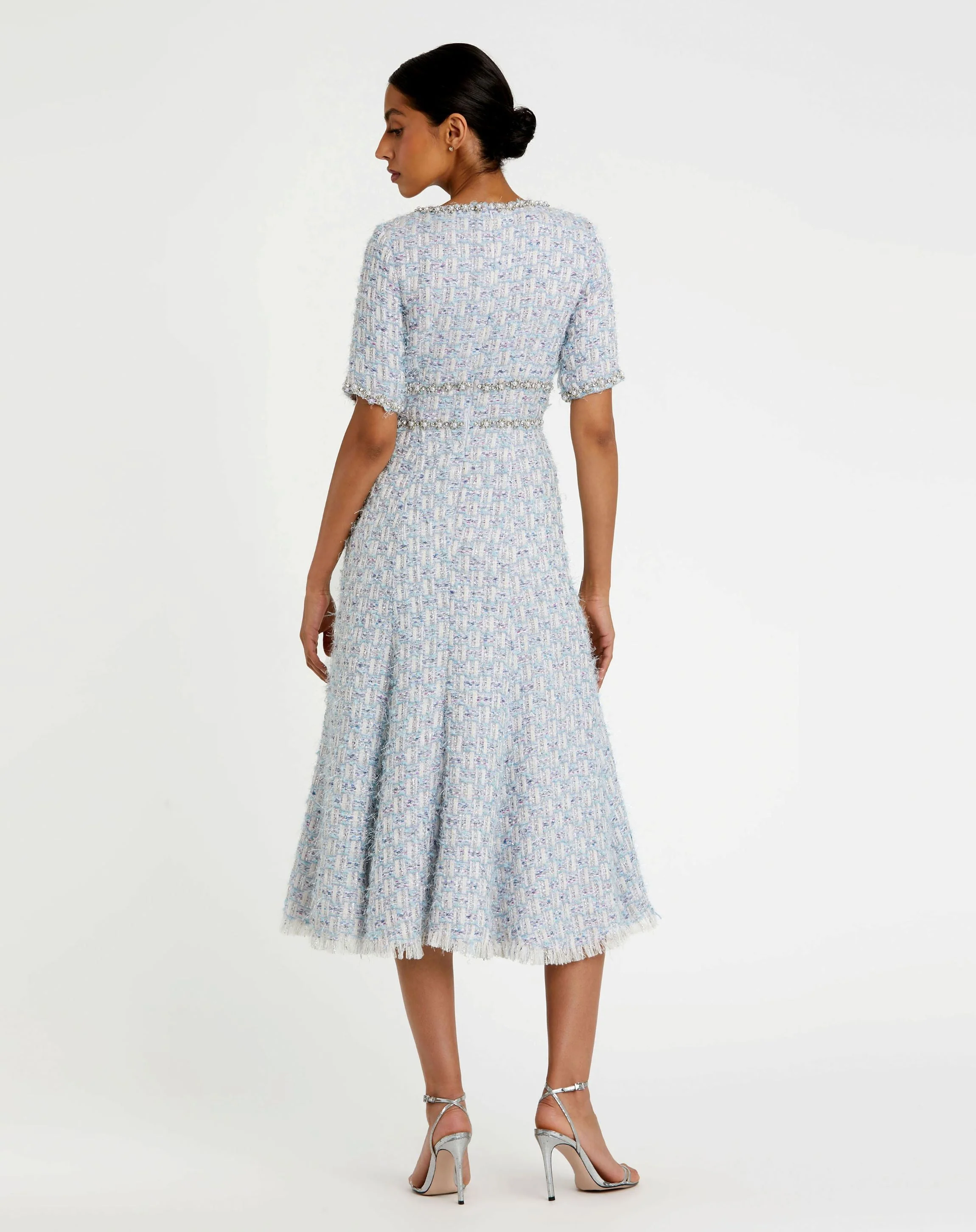 Blue Short Sleeve Beaded Trim Boucle Midi Dress