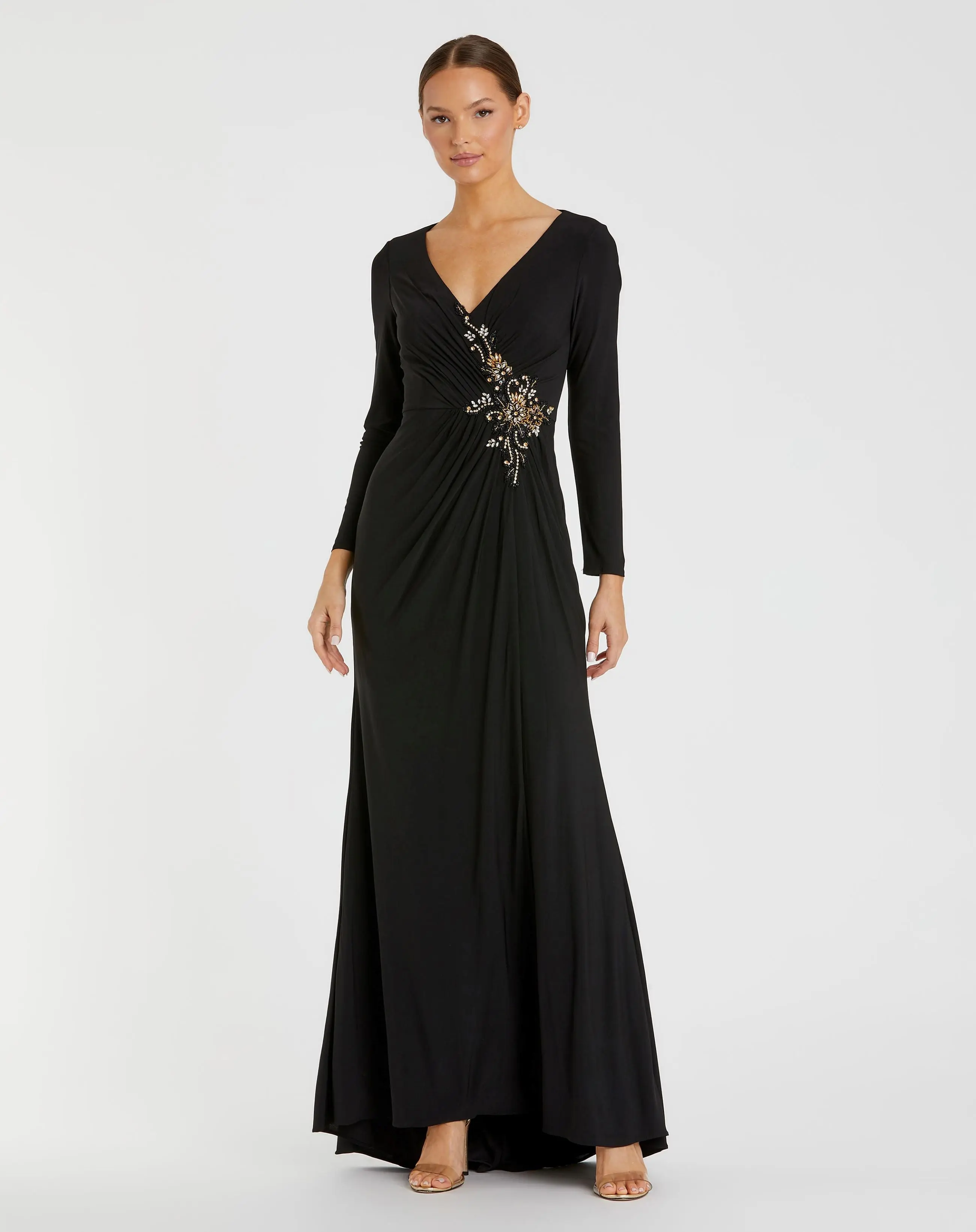 Black Faux Wrap Long Sleeve Gown w/ Appliqué Detail
