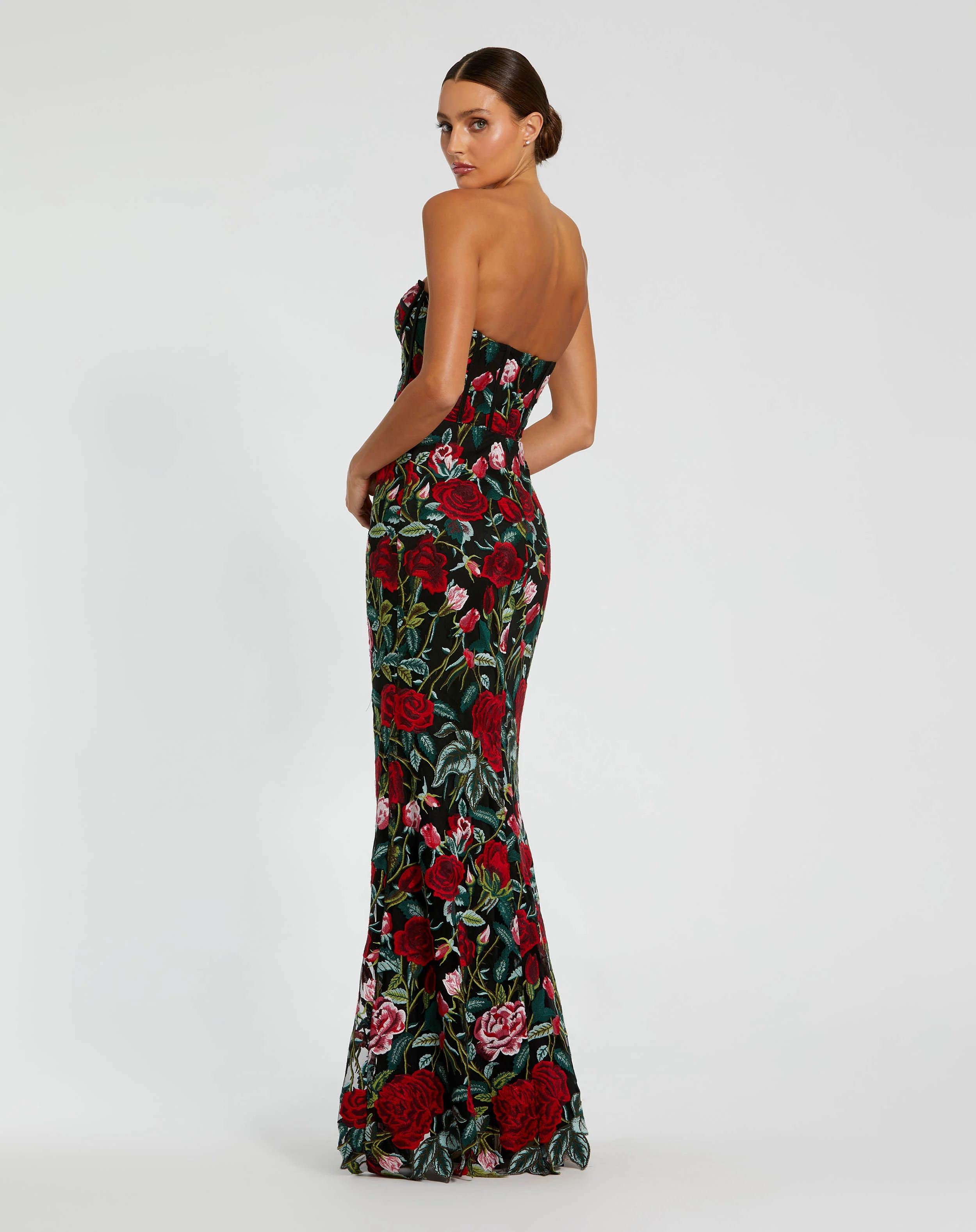 Black Sheer Bustier Top Floral Applique Gown