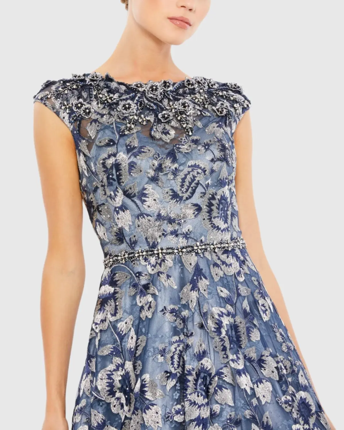 Blue Embellished Cap Sleeve High Neck Ballgown