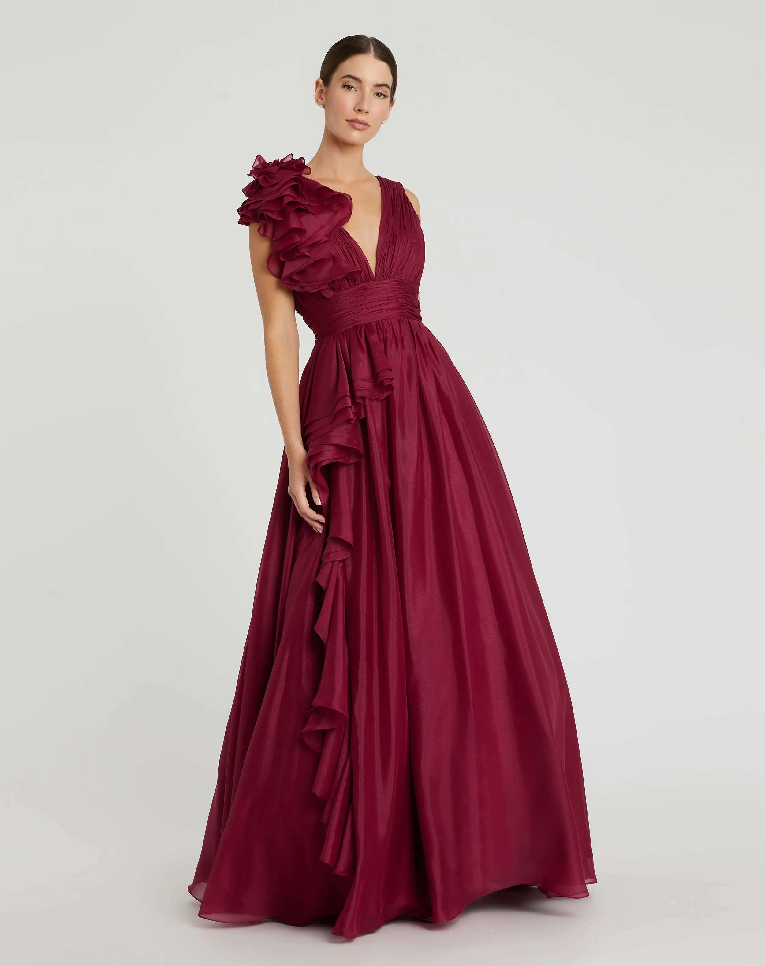 Dark Red Ruffle Shoulder V-Neck Chiffon Gown