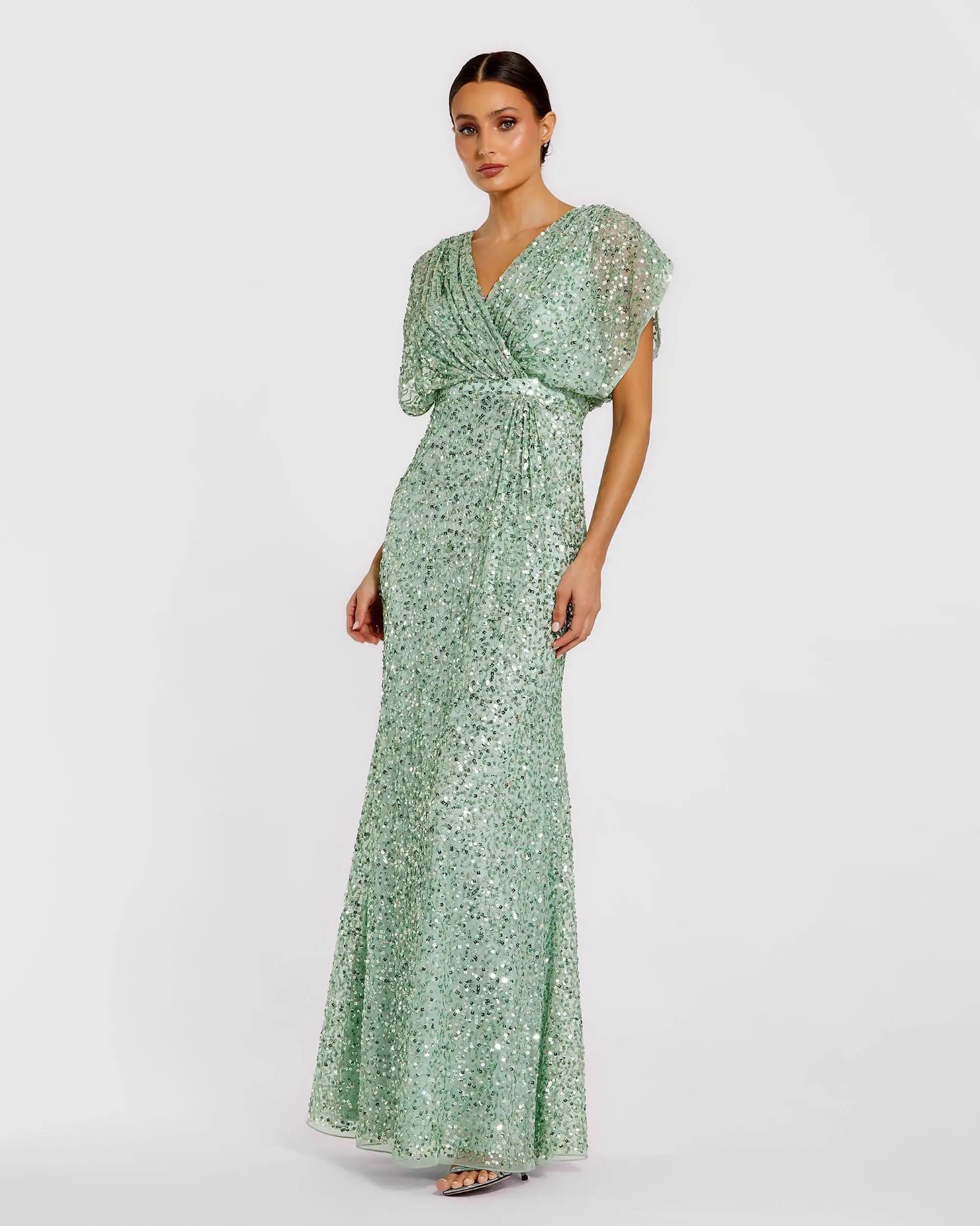 Green Draped Sleeve V Neck Gown