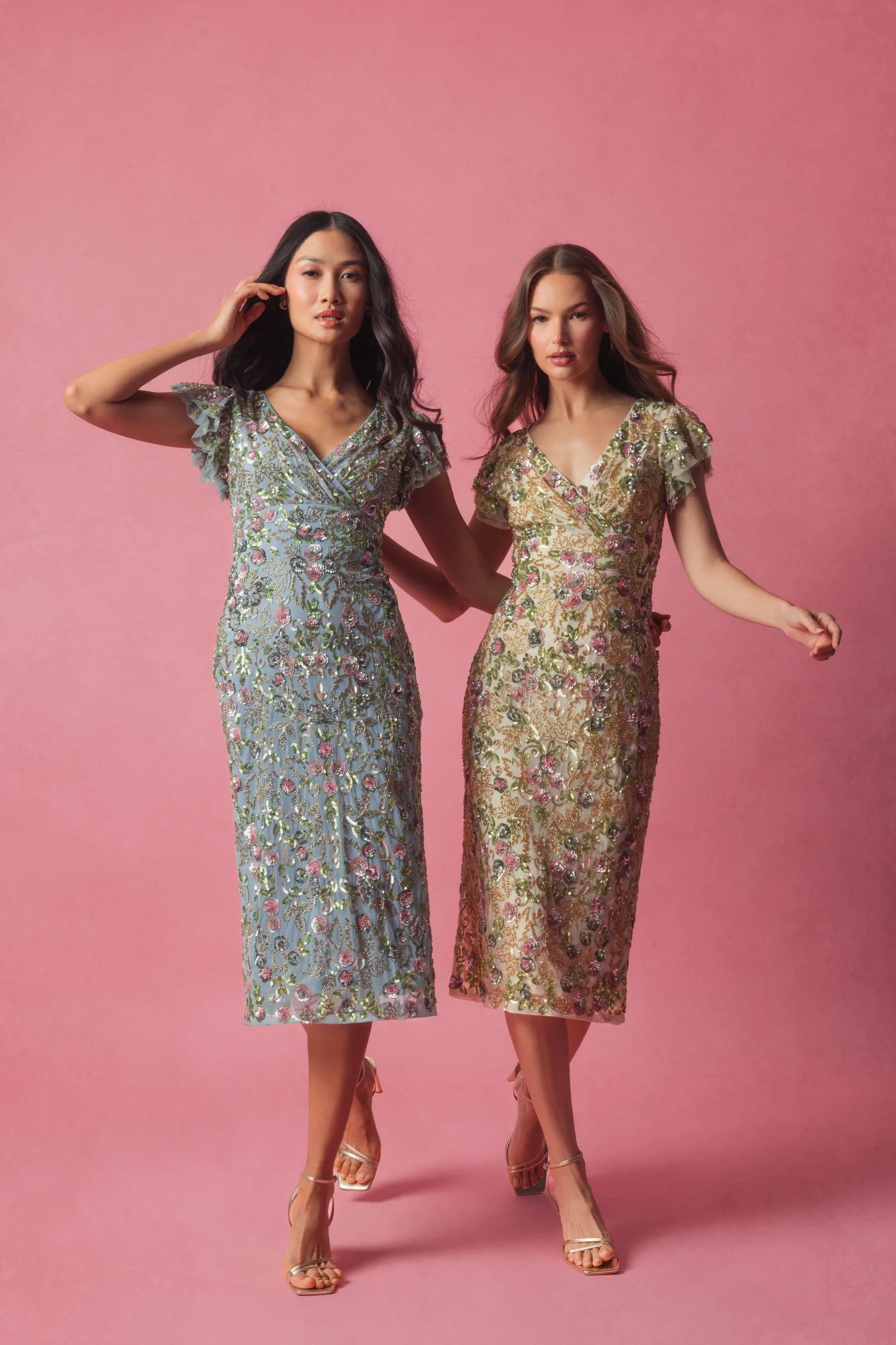 Beige Floral Embellished Flutter Cap Sleeve Dress