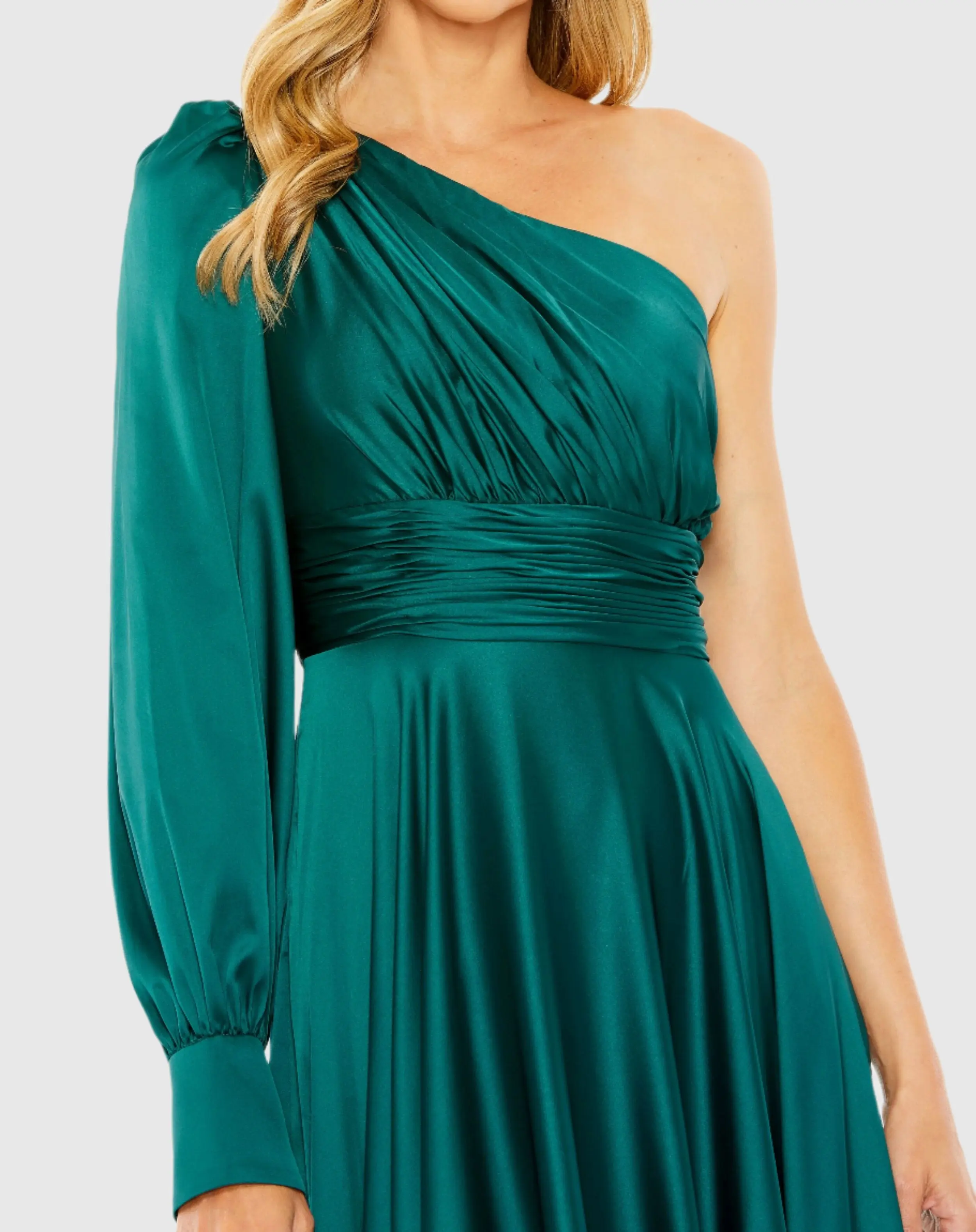 Green One Shoulder Bishop Sleeve Flowy Gown