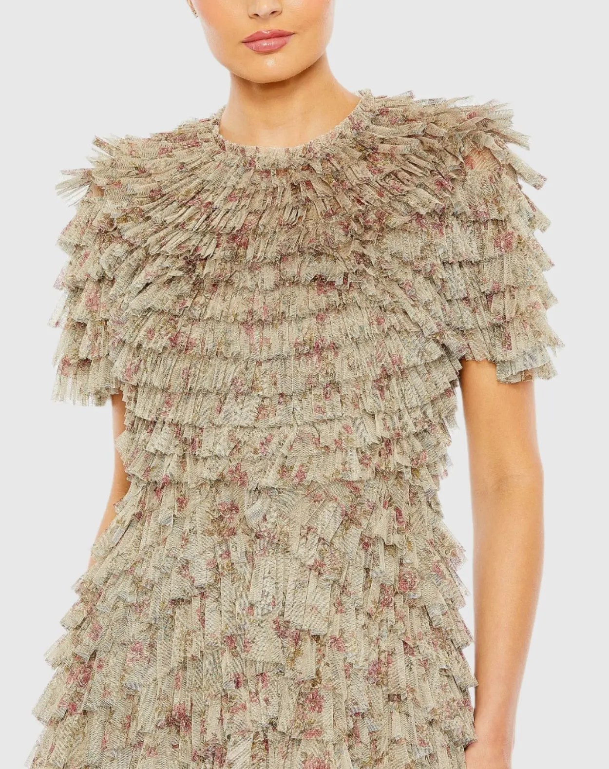 Beige Ruffle Tiered Short Sleeve A Line Gown