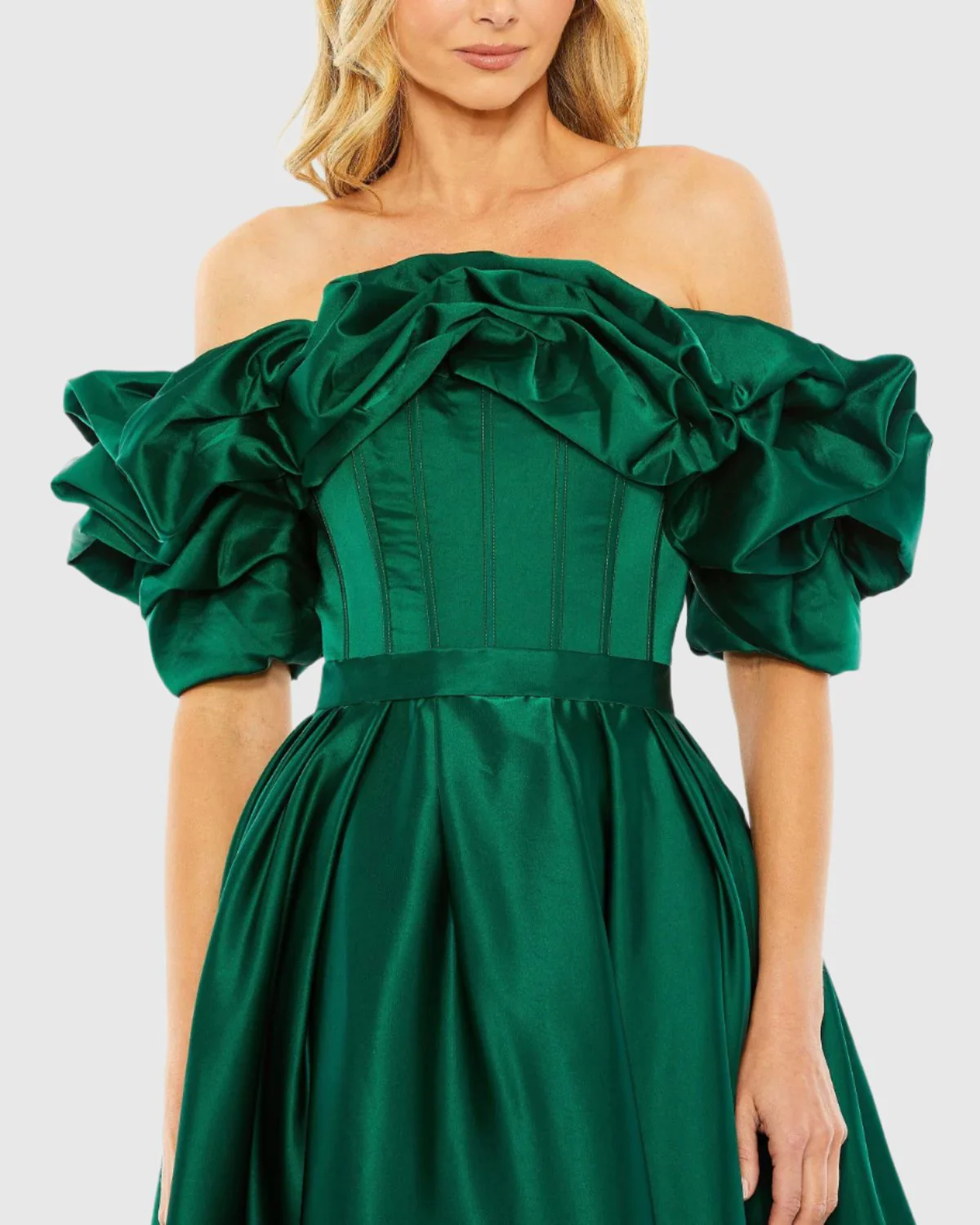 Green Off The Shoulder Tea Length Dress
