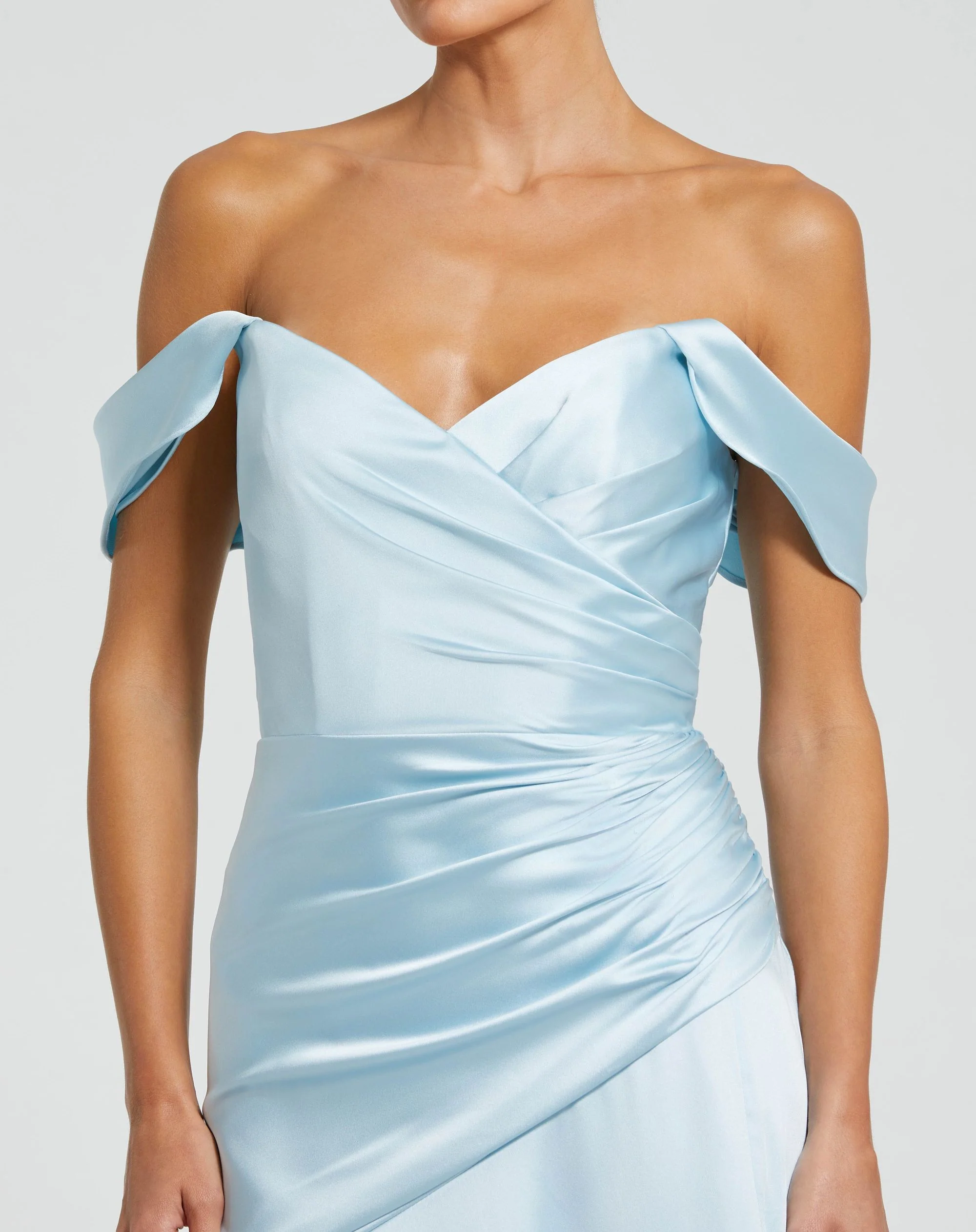 Blue Satin Off The Shoulder Crossover Gown
