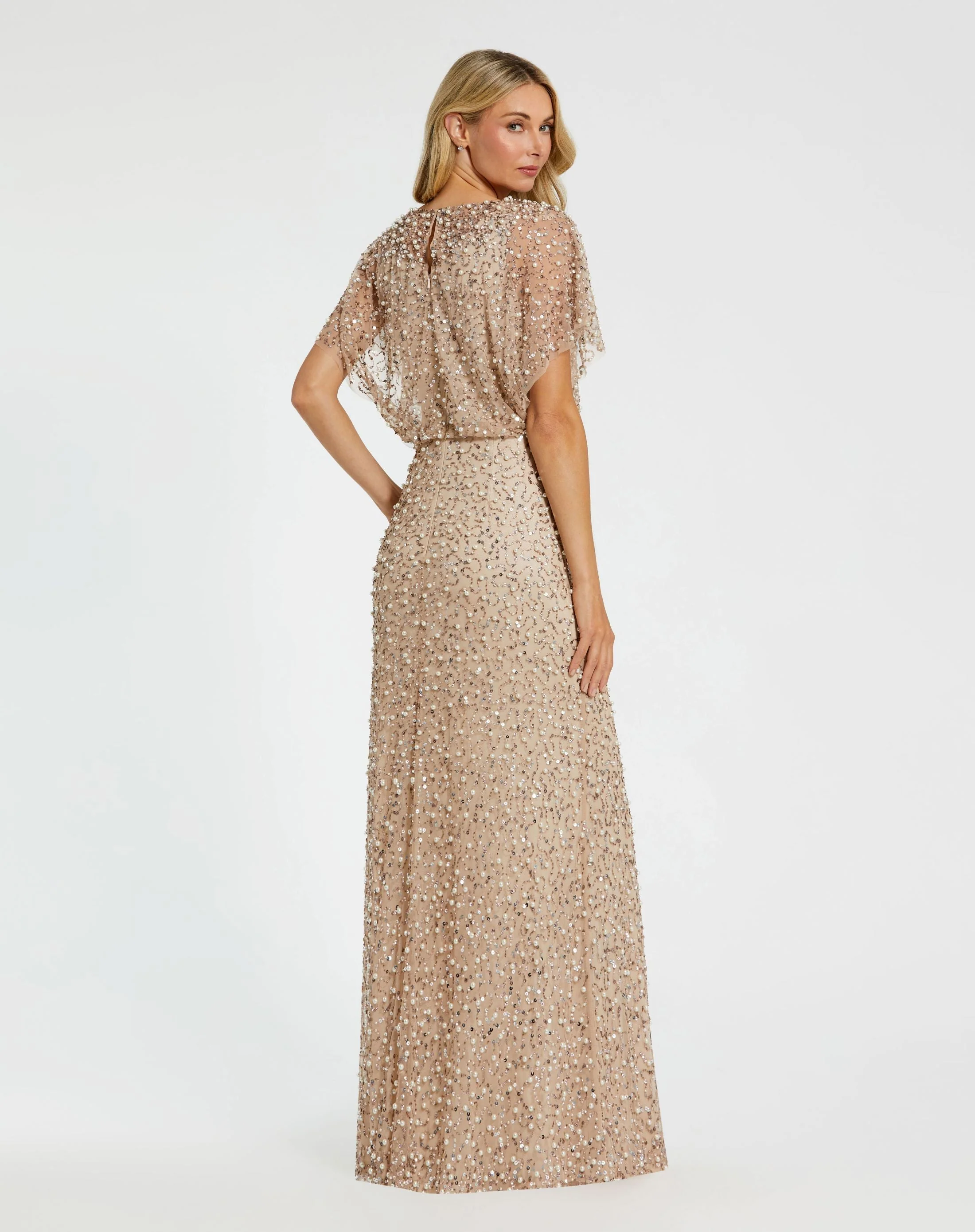 Beige Beaded Mesh Cape Gown