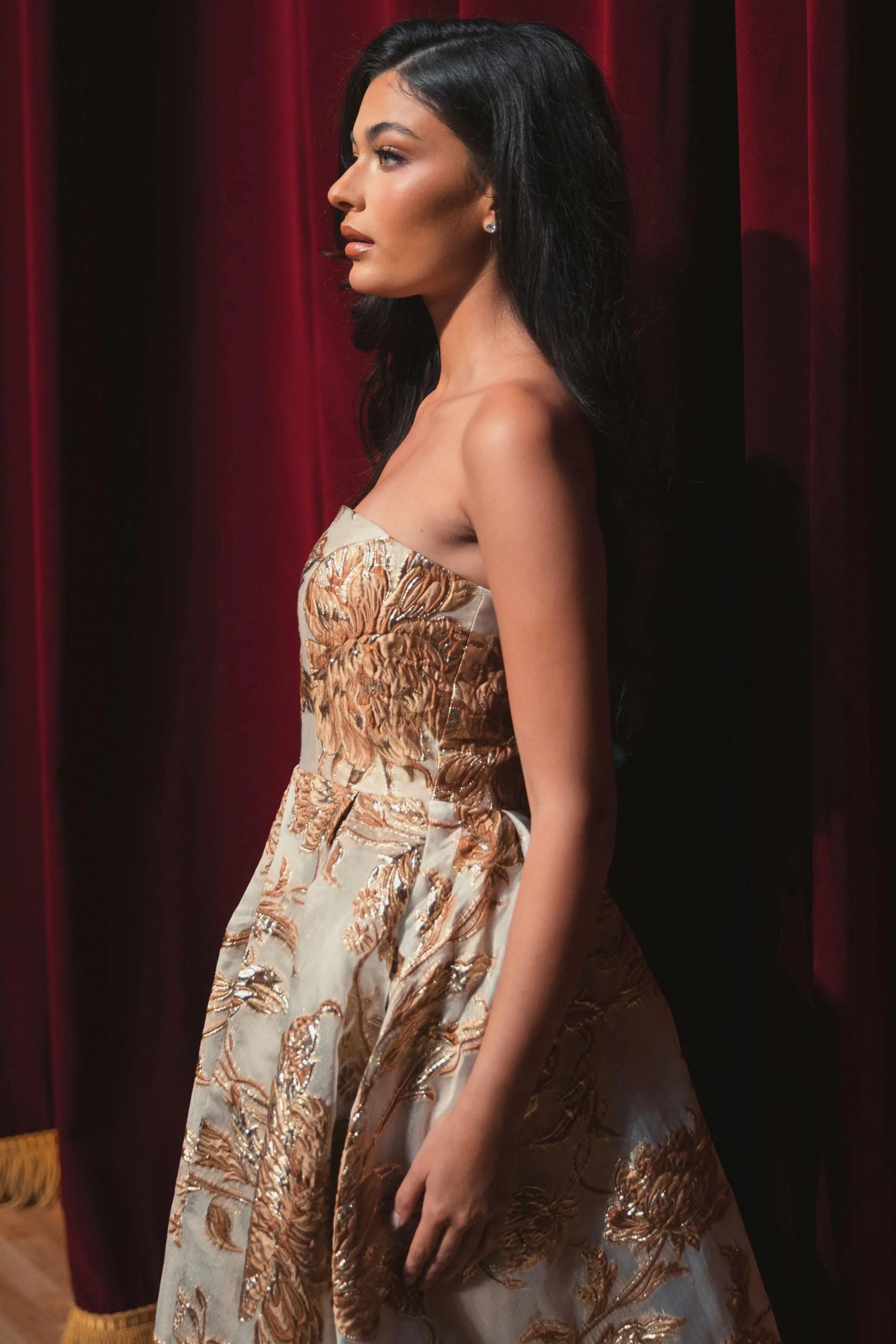 Gold Strapless Brocade Midi Dress with Pockets