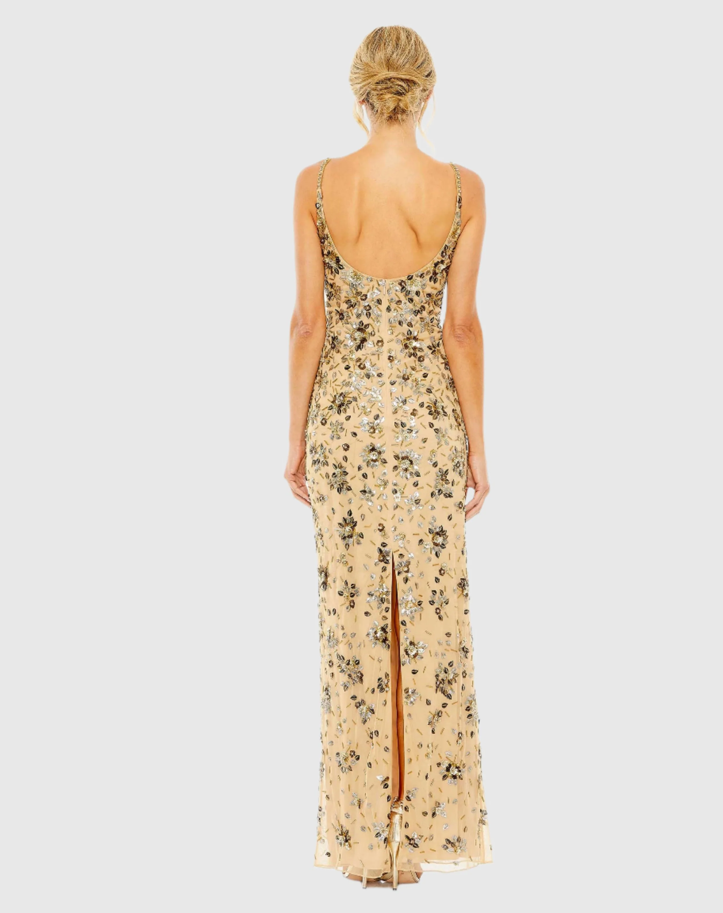 Beige Floral Embellished Scoop Neck Evening Gown