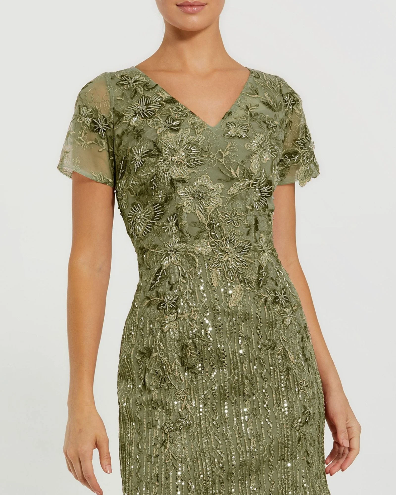 Green Embellished V Neck Cap Sleeve Trumpet Gown